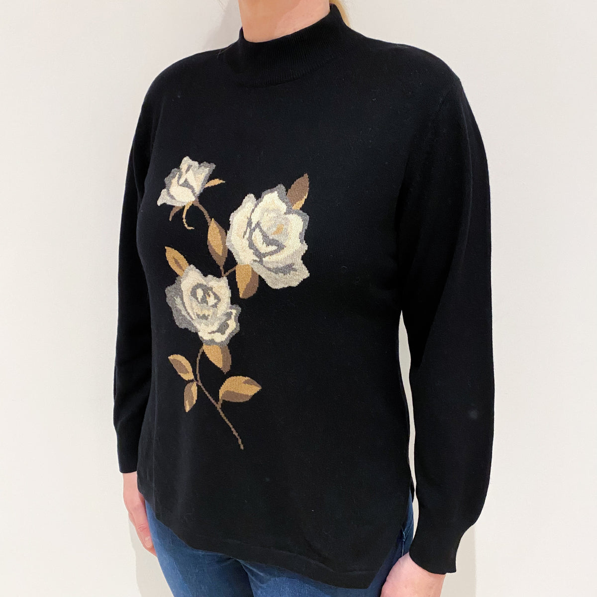 Black and Brown Floral Cashmere Turtle Neck Jumper Large