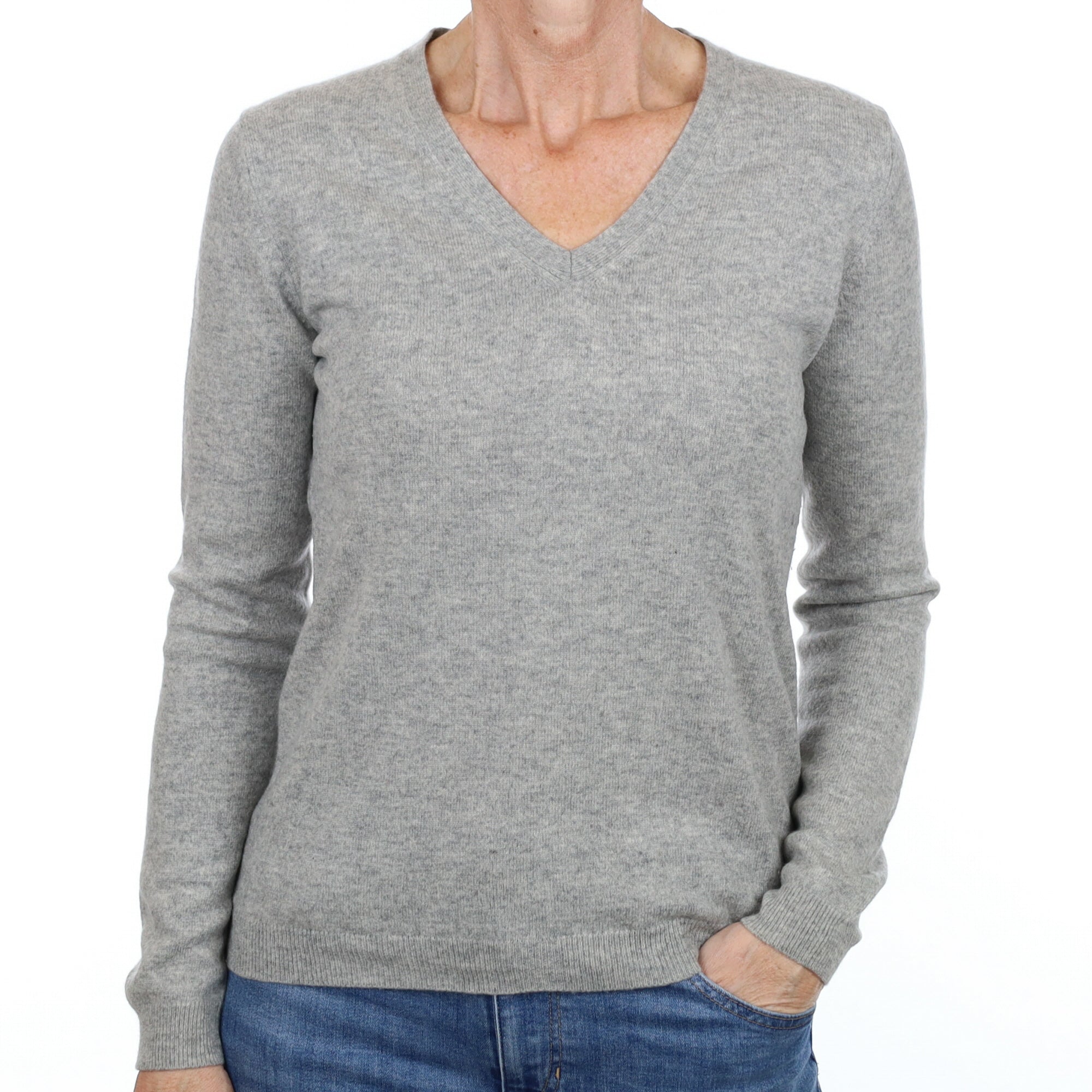Smoke Grey Cashmere V Neck Jumper Small