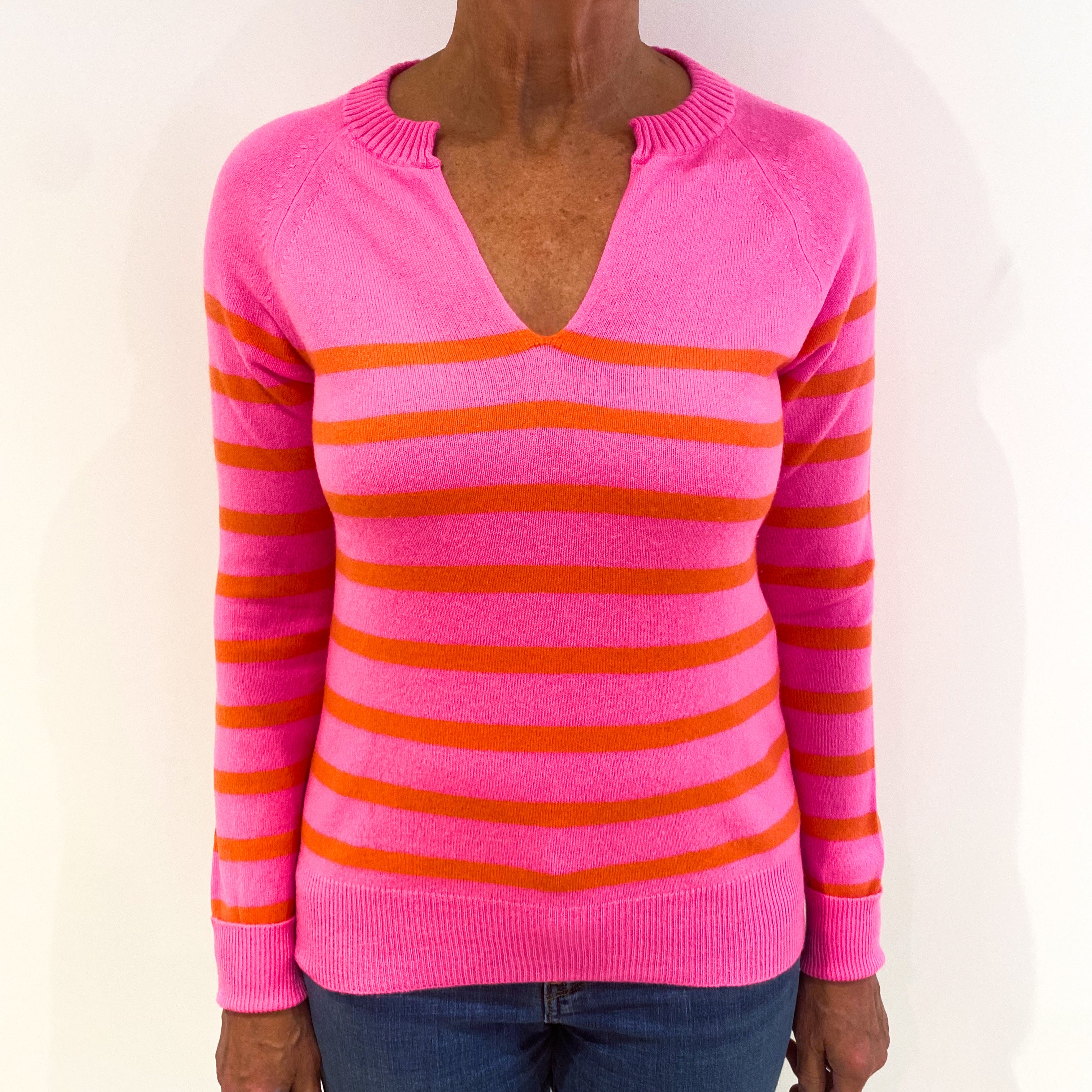 Neon Pink and Orange Striped Cashmere V-Neck Jumper Medium