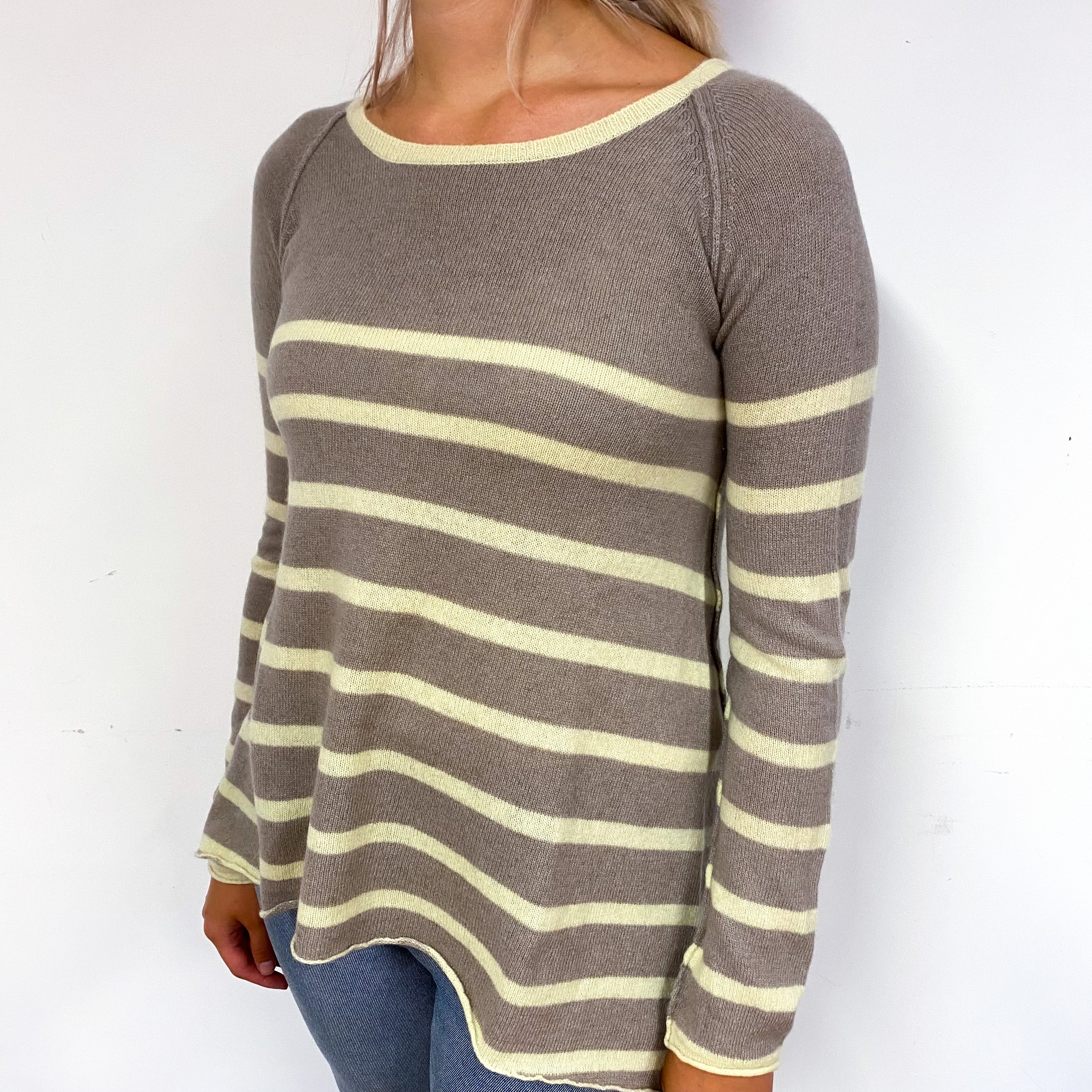 Taupe Brown Lemon Striped Cashmere Crew Neck Jumper Small