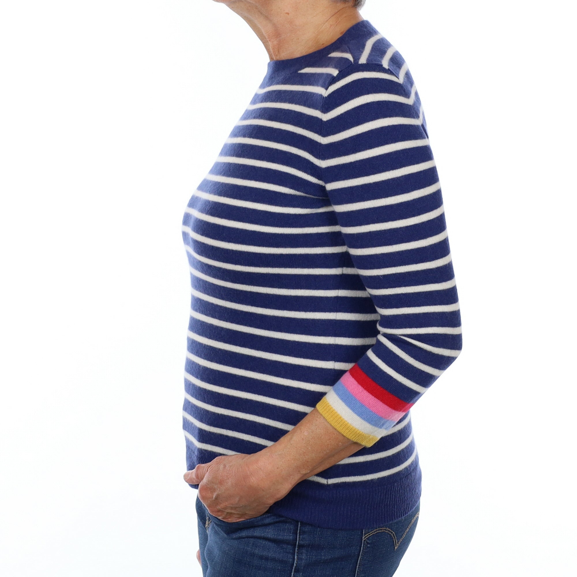 Blue and Cream Striped Cashmere Crew Neck Jumper Medium