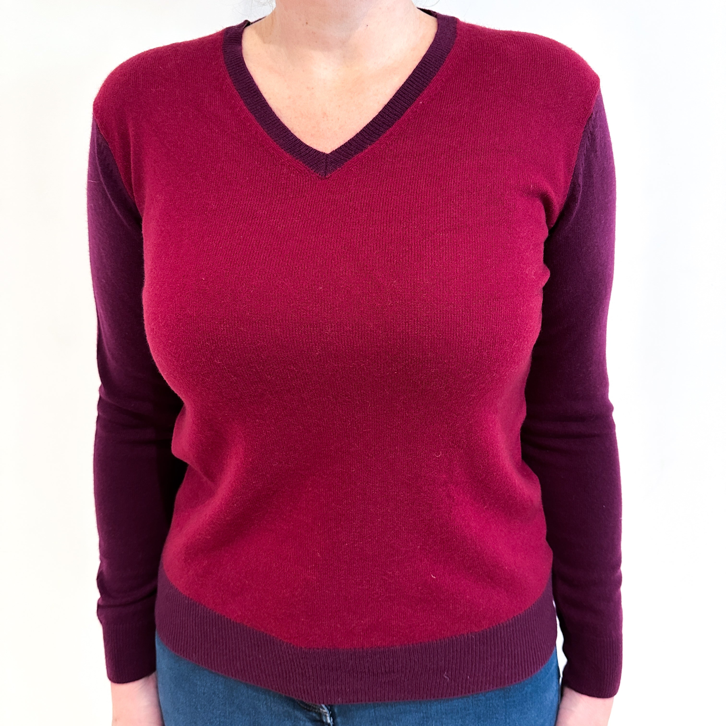 Burgundy and Plum Cashmere V Neck Jumper Large