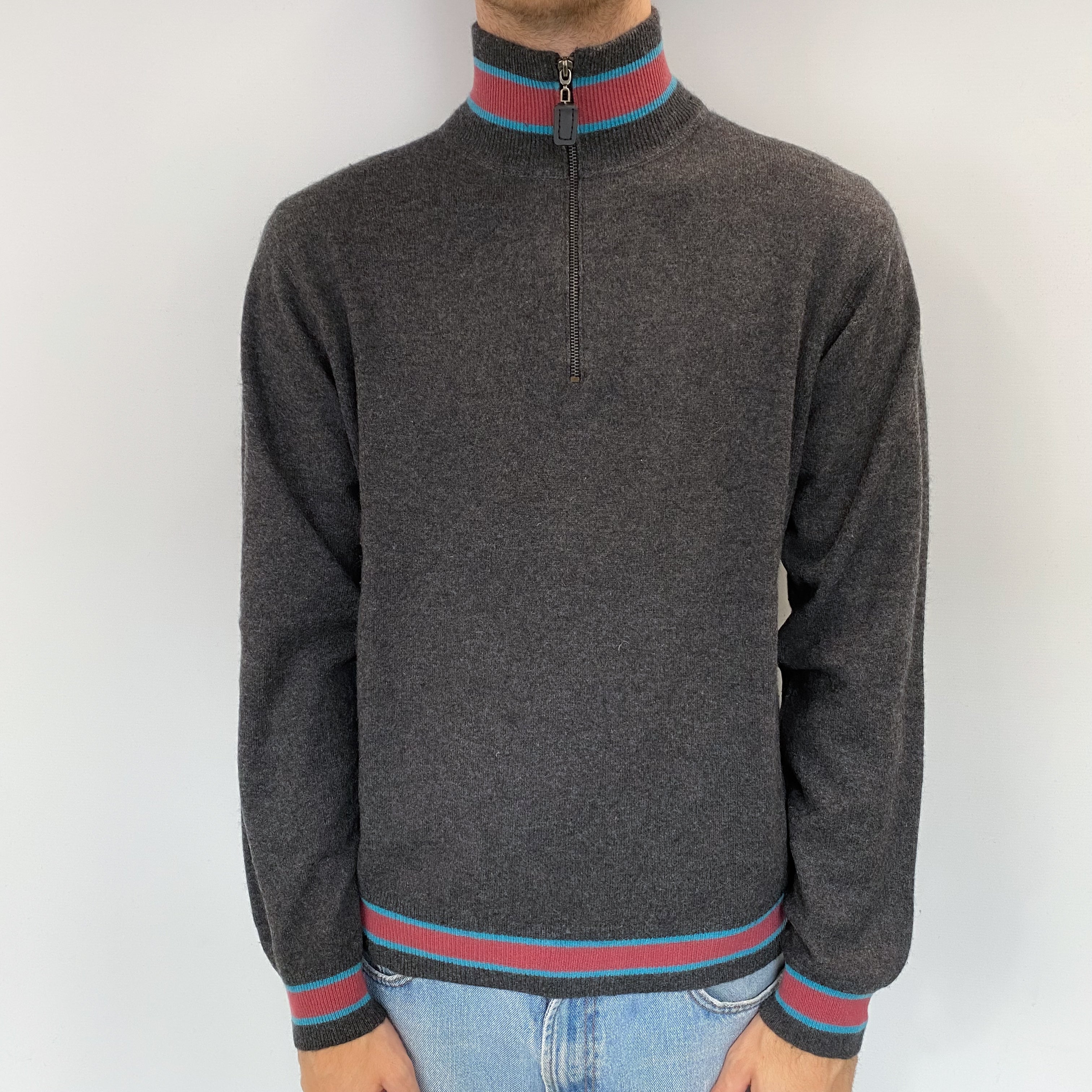 Men's Charcoal Pink Trim Cashmere 1/4 Zip Jumper Large