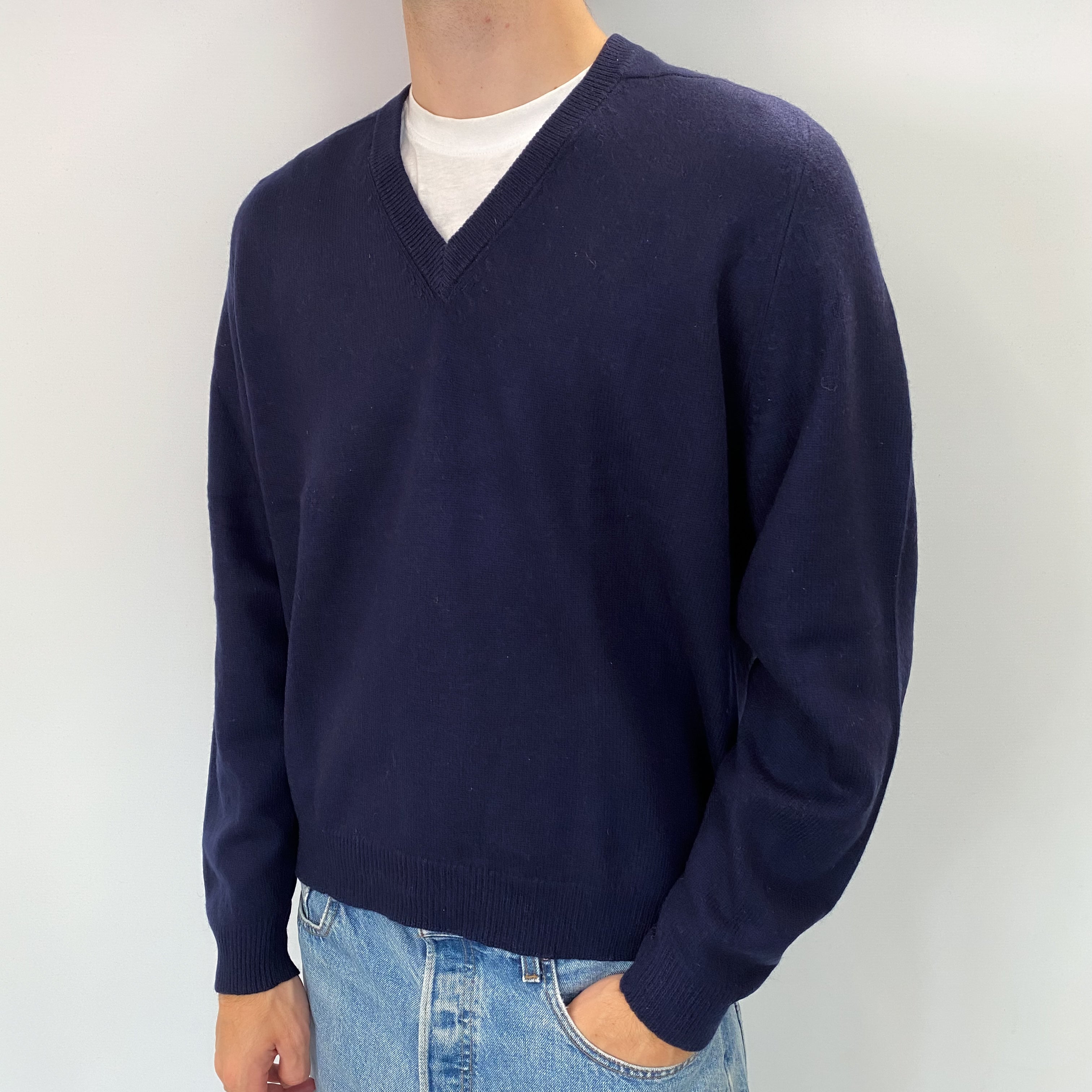 Men's Navy Cashmere V Neck Jumper Large
