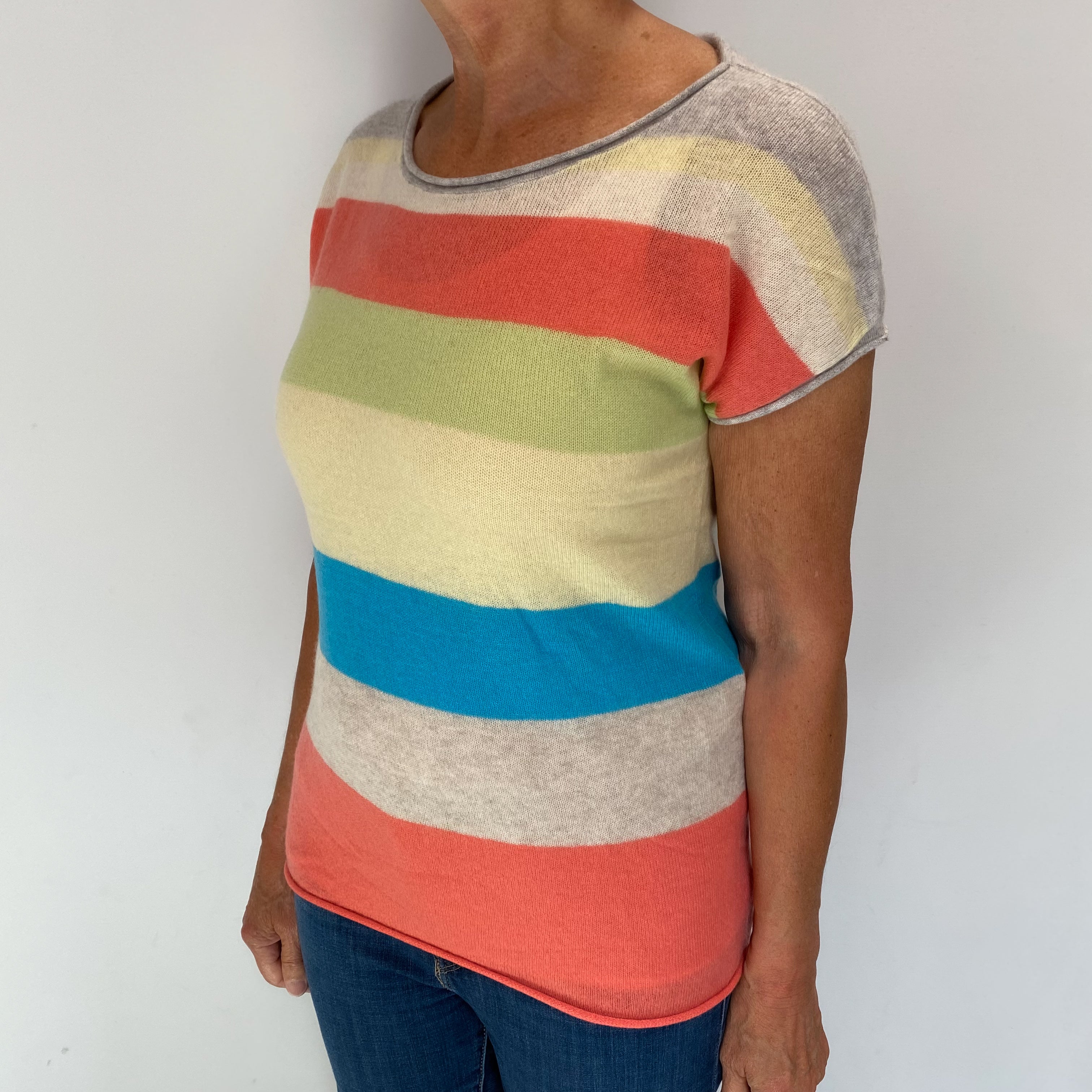 Smoke Grey Colourful Striped Cashmere Crew Neck Short Sleeved Jumper Medium