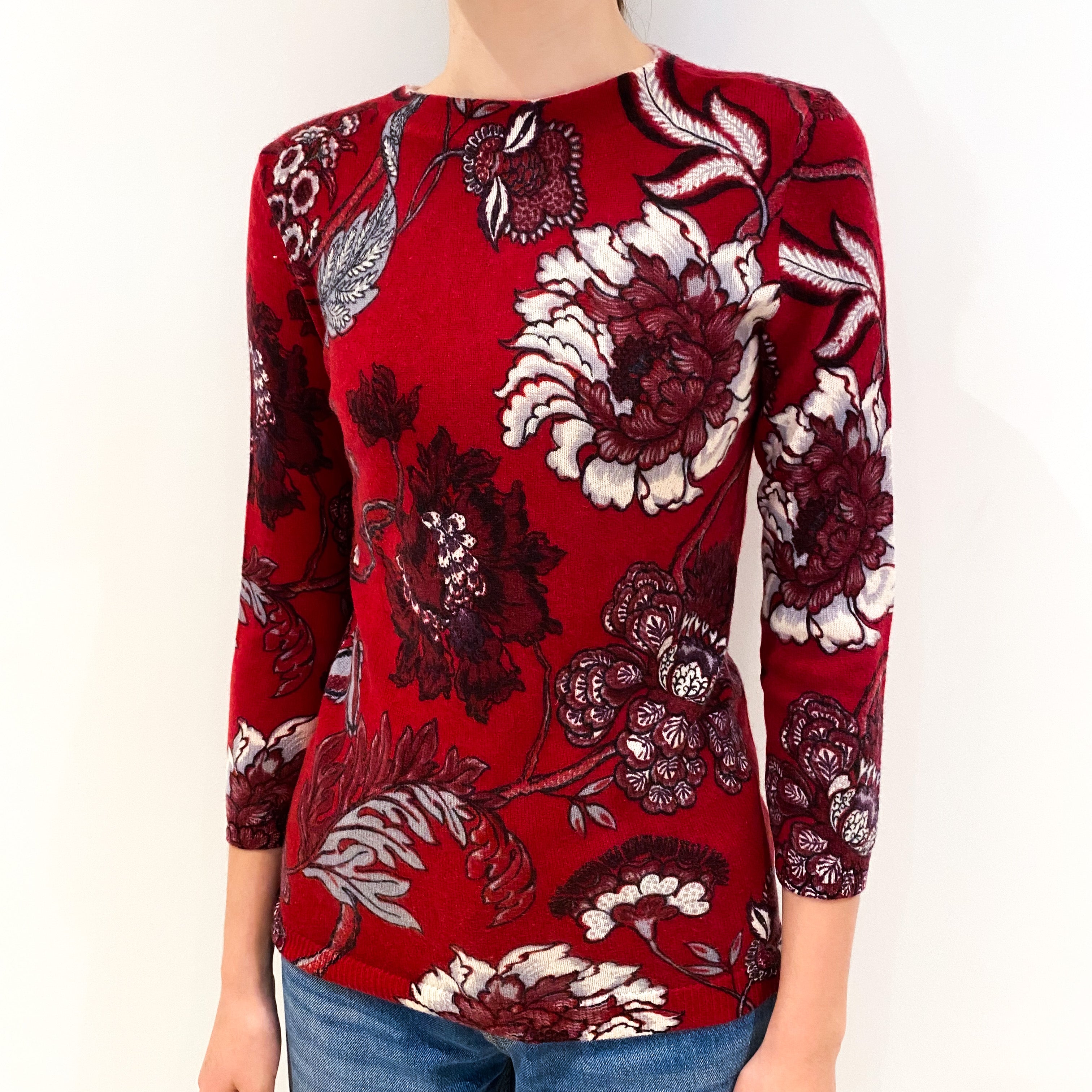 Red Floral Print 3/4 Sleeve Cashmere Crew Neck Jumper Extra Small