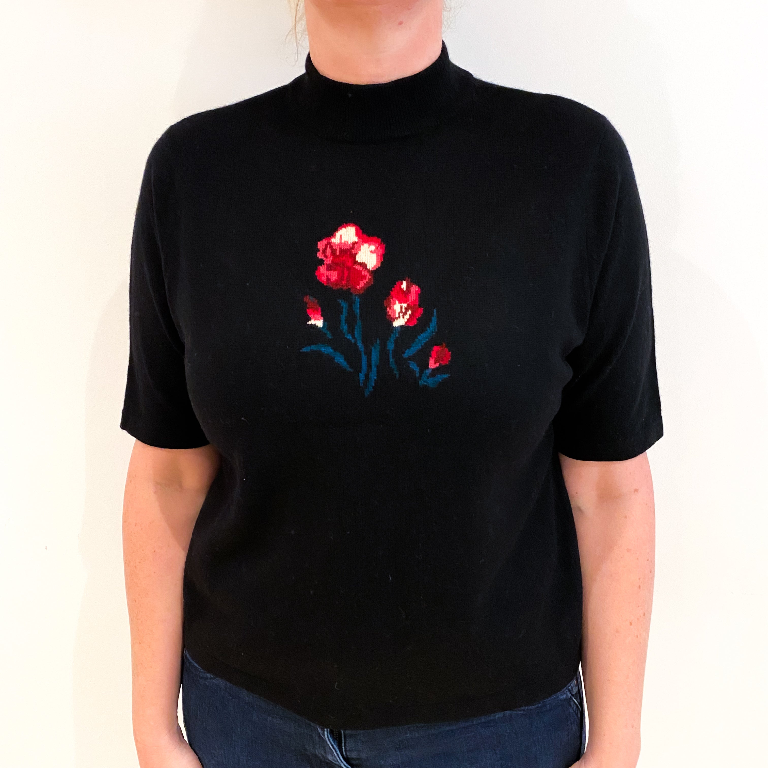 Black Floral Cashmere Turtle Neck Short Sleeved Jumper Large
