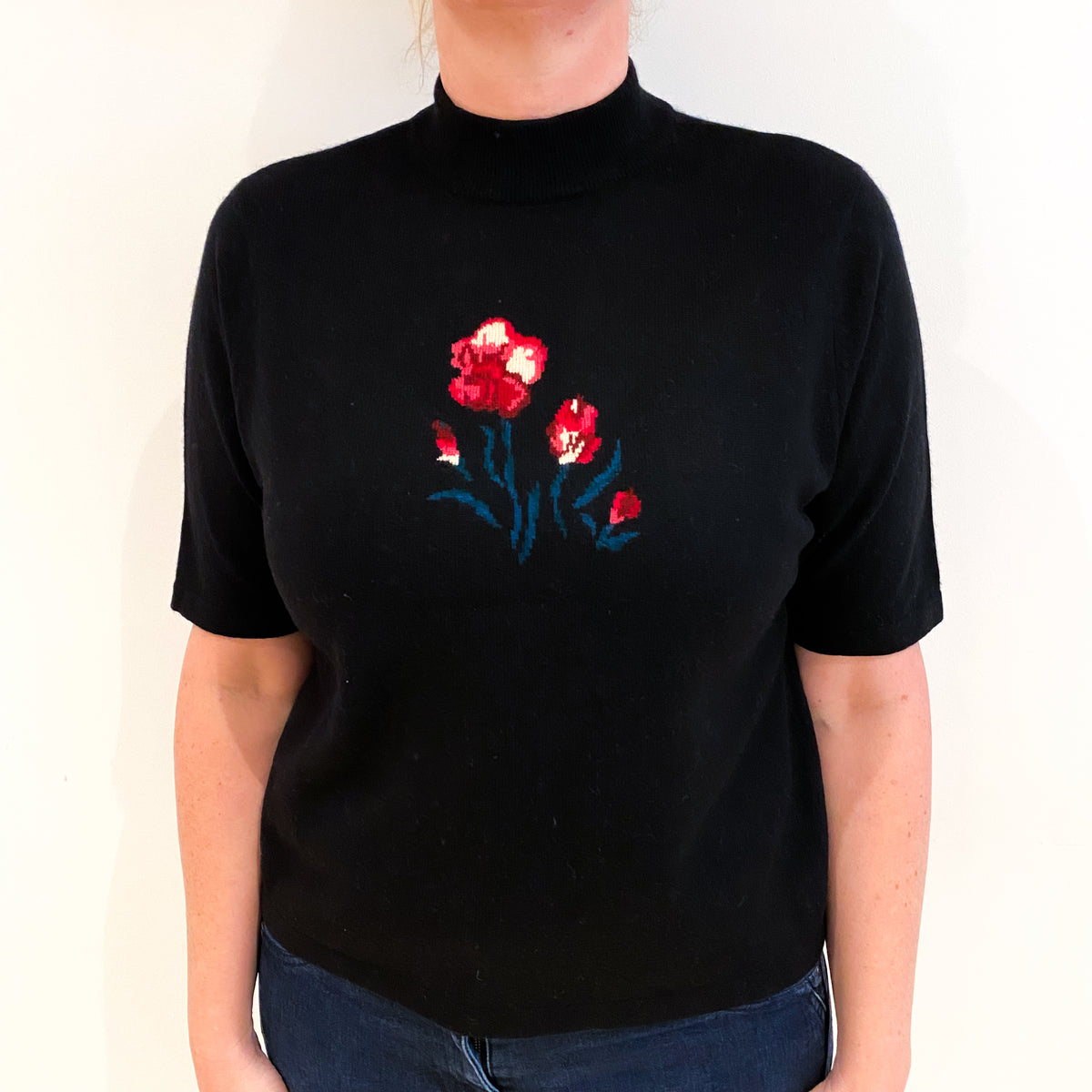 Black Floral Cashmere Turtle Neck Short Sleeved Jumper Large