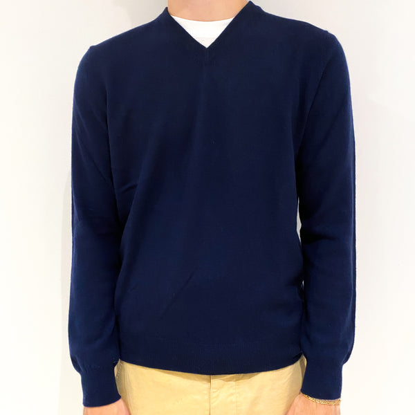 Men's Navy Blue Cashmere V-Neck Jumper Large