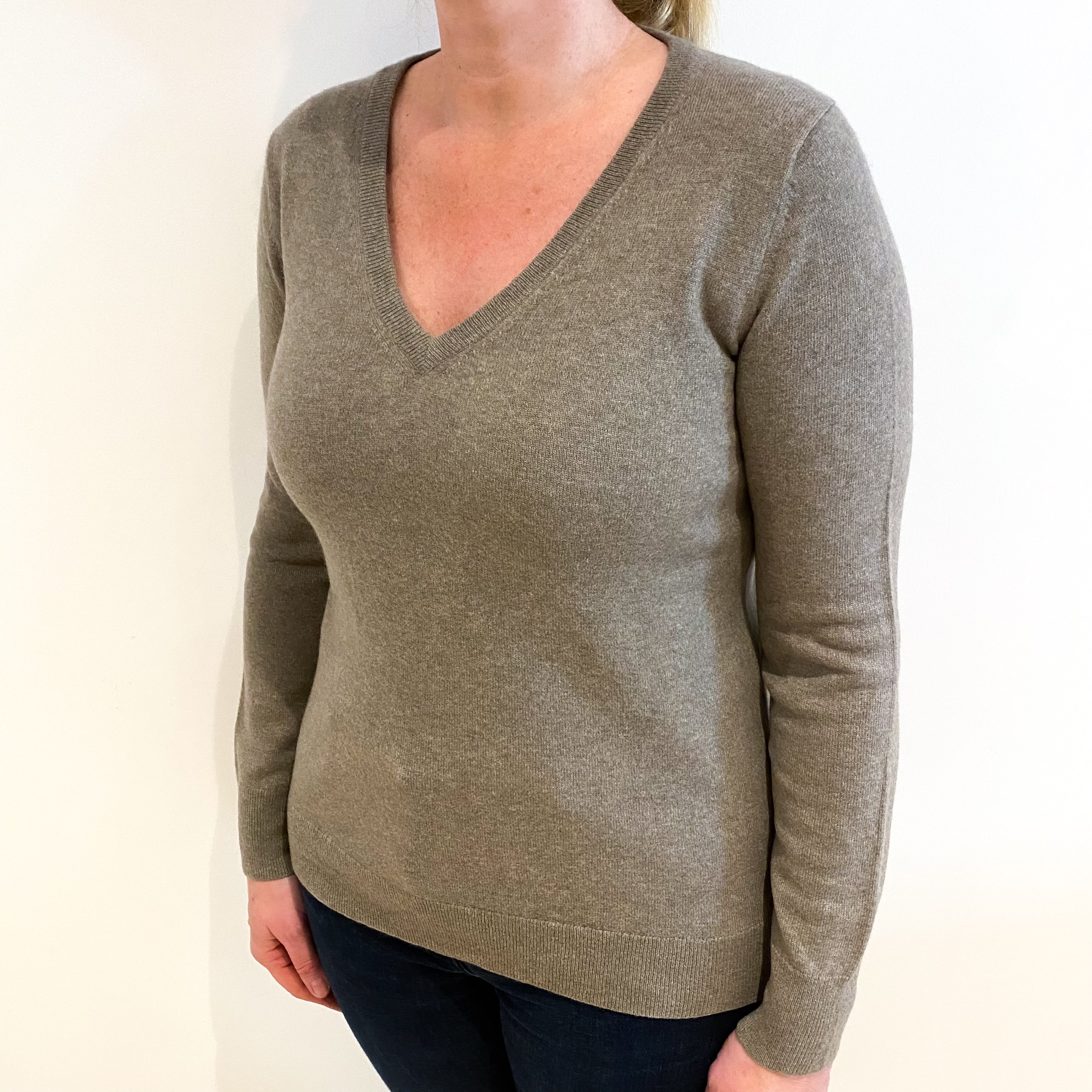 Mink Brown Cashmere V Neck Jumper Large