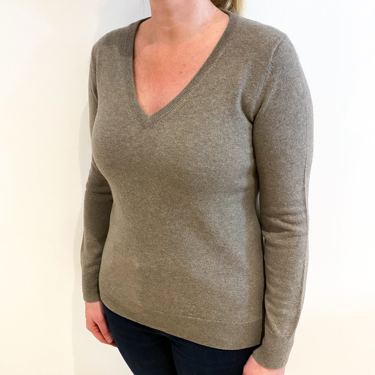Mink Brown Cashmere V Neck Jumper Large