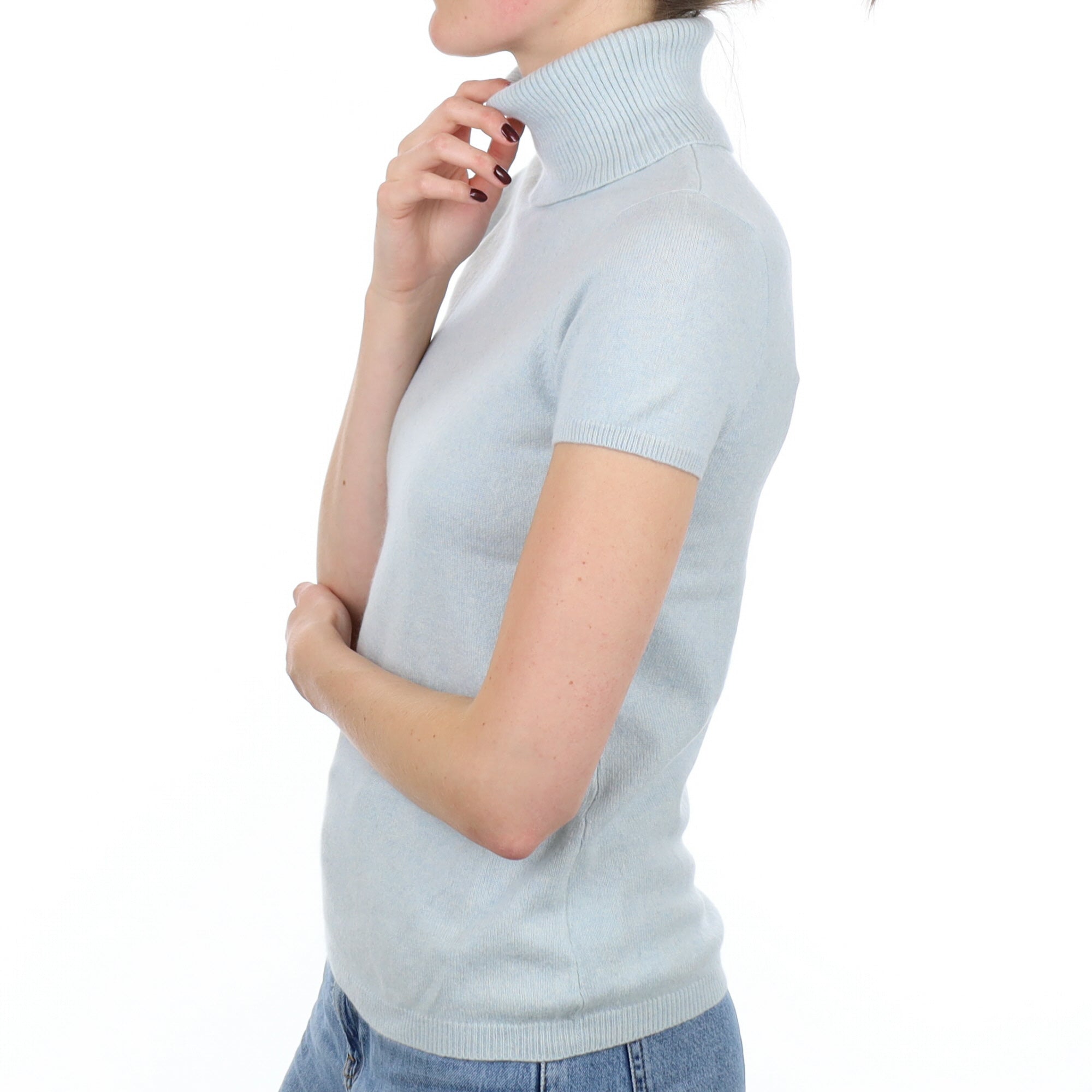 Opal Blue Cashmere Short Sleeve Polo Neck Jumper Small
