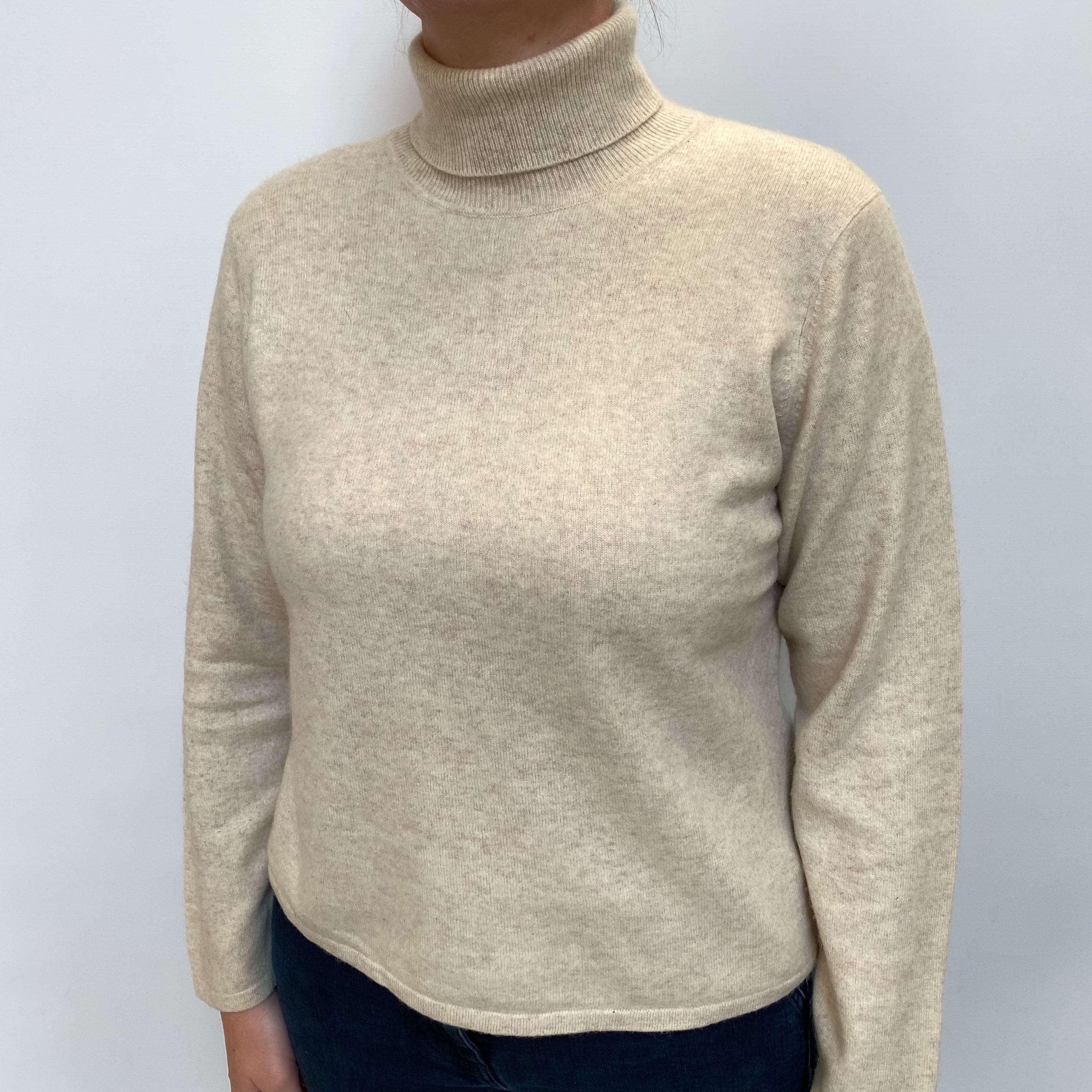 Orvis Oatmeal Cashmere Polo Neck Jumper Large