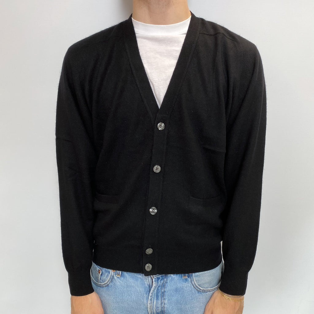 Men's Black Cashmere V Neck Cardigan Medium