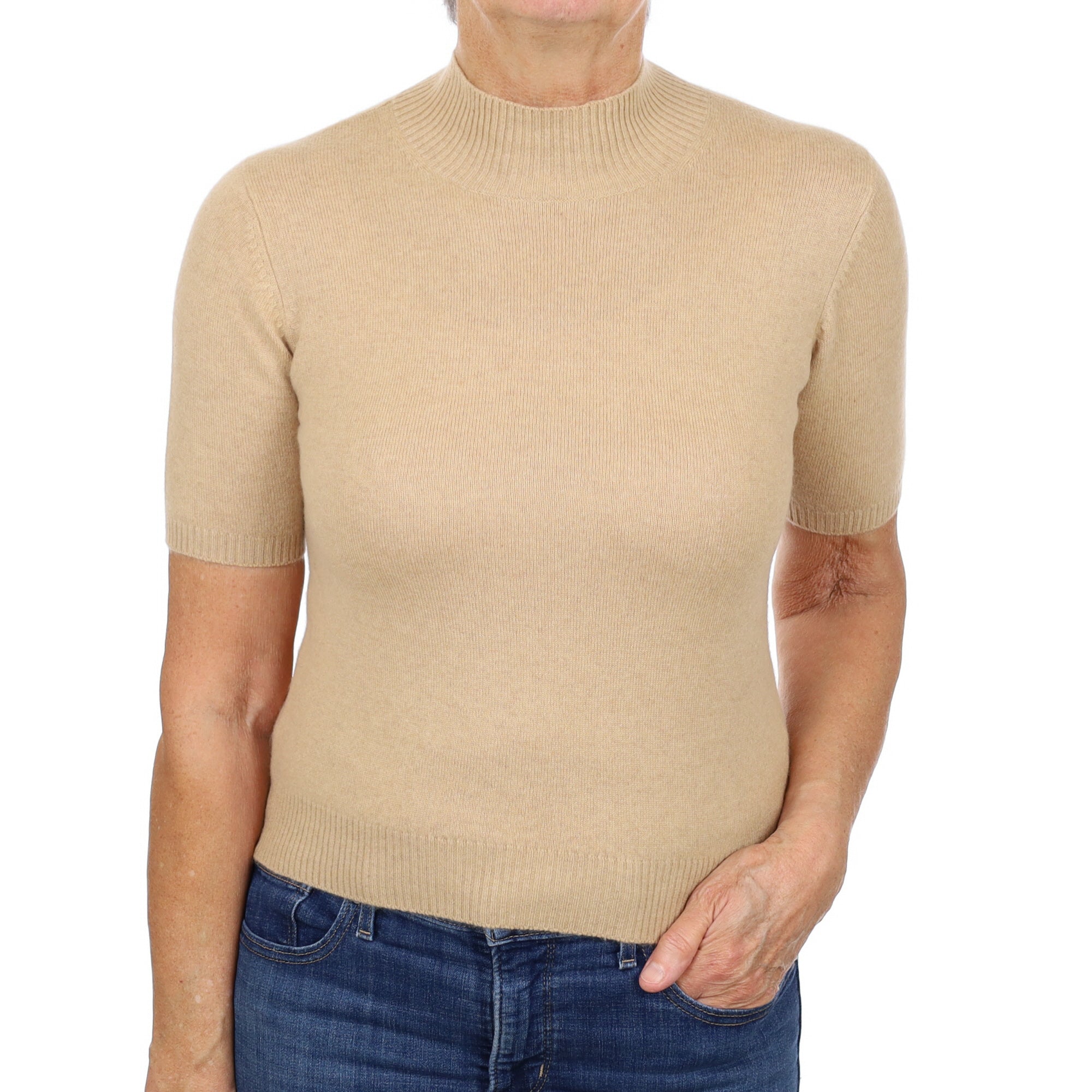 Camel Brown Cashmere Turtle Neck Short Sleeved Jumper Medium