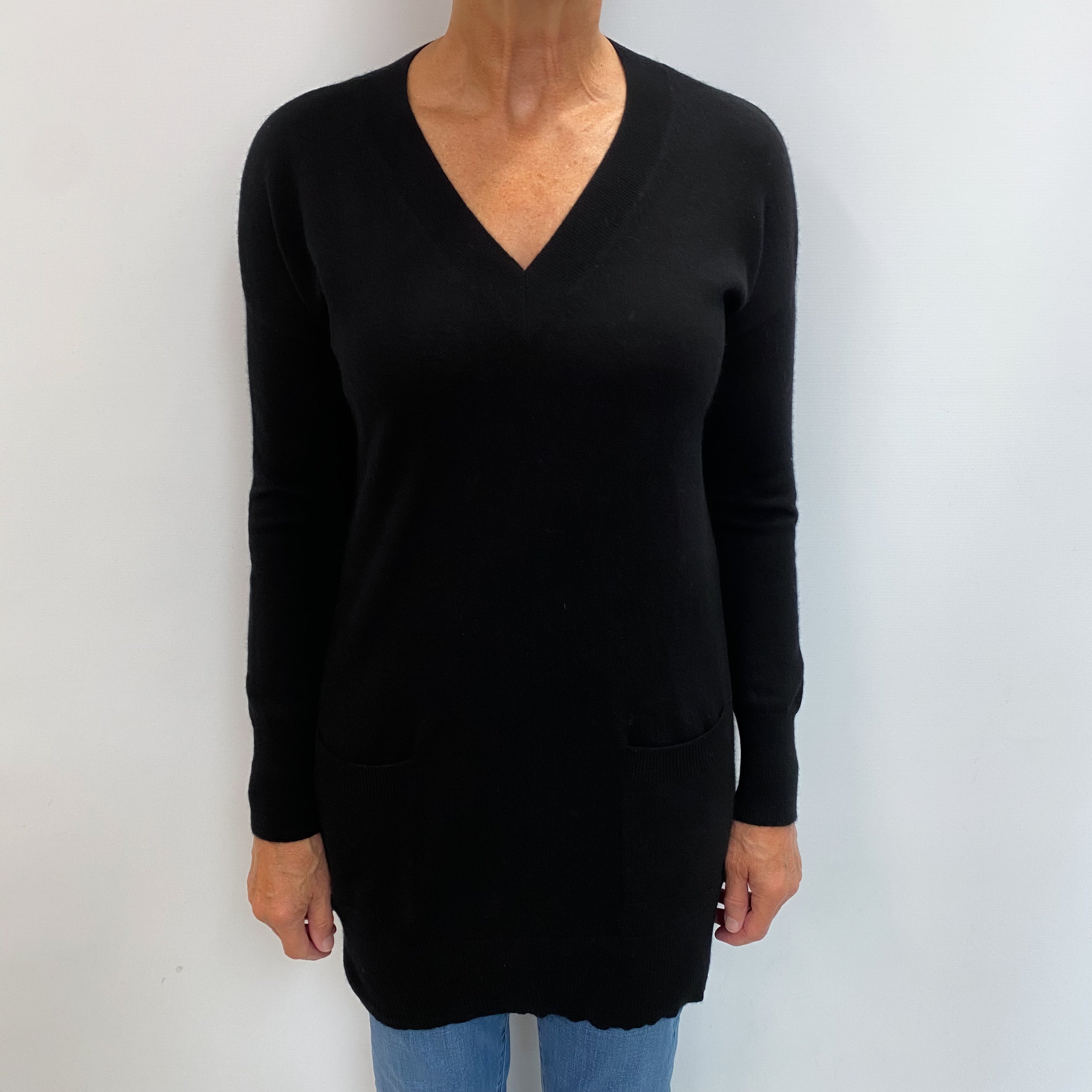 Black Cashmere V Neck LonglineJumper Medium