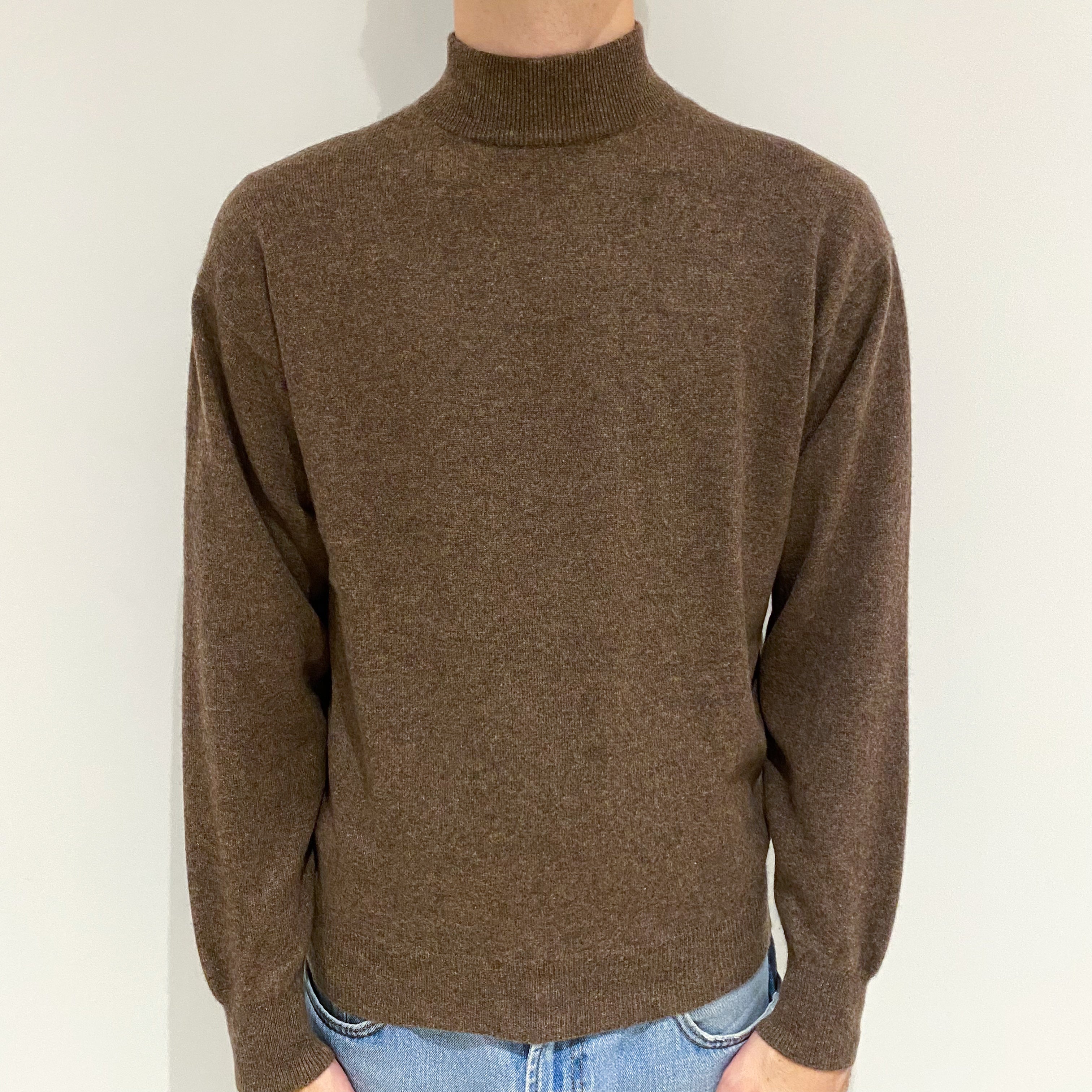 Men's Pecan Brown Cashmere Turtle Neck Jumper Large