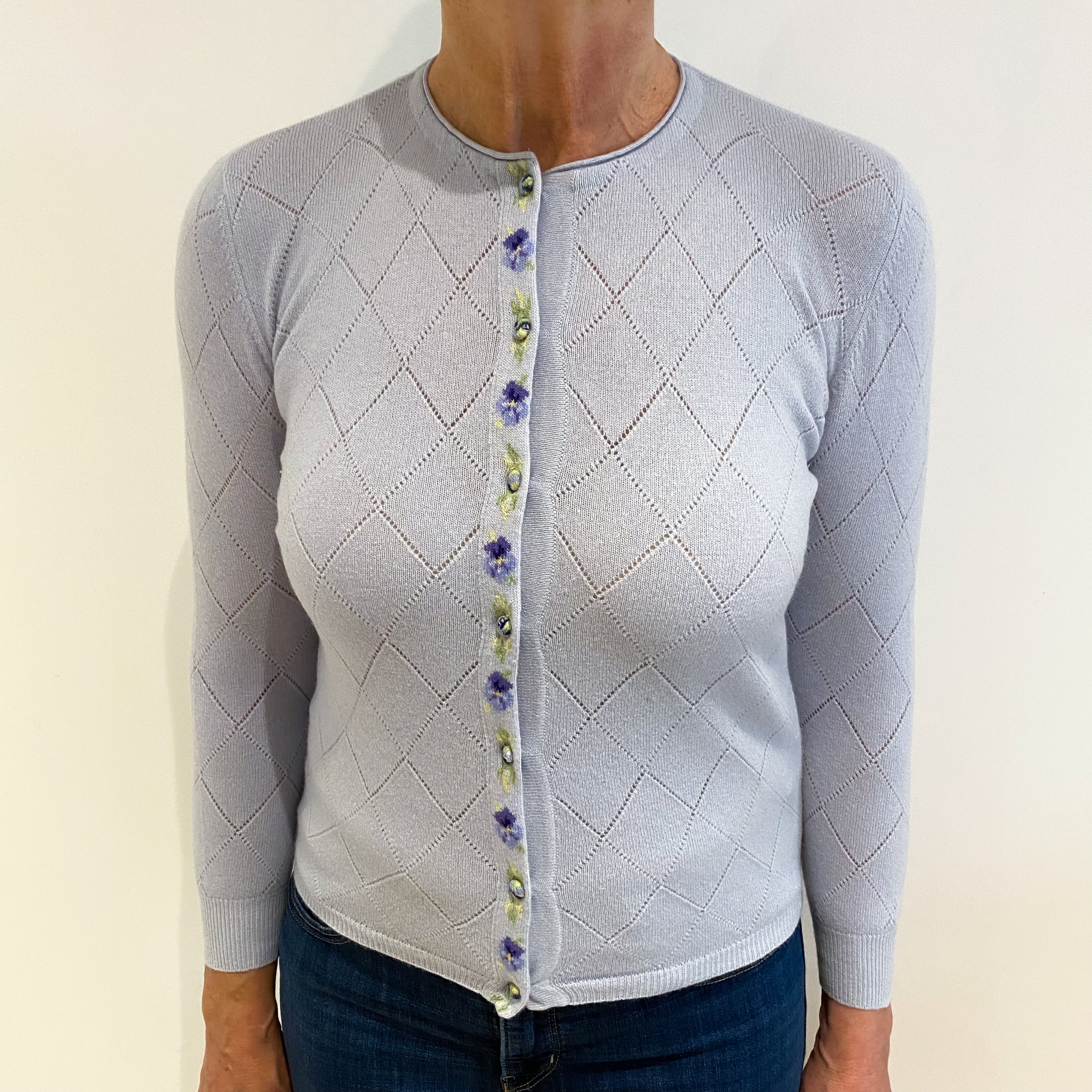 Ice Blue Diamond Knit Cashmere Crew Neck Cardigan with Pansy Design  Medium