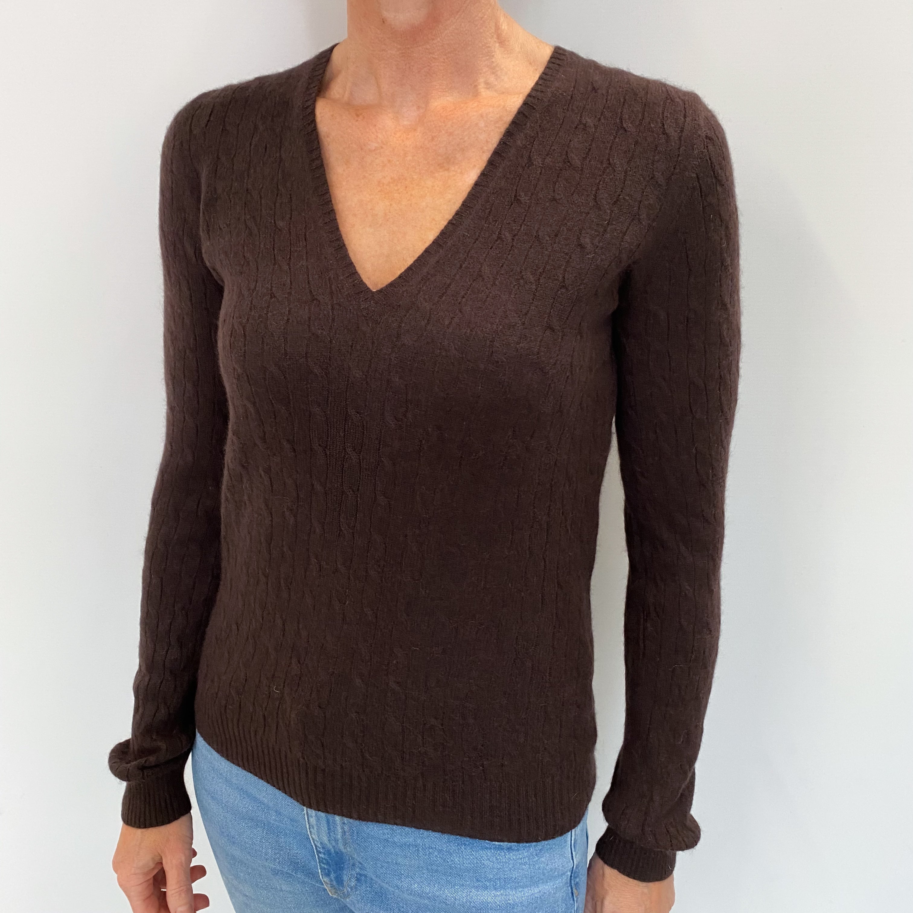 Dark Chocolate Cashmere V Neck Cable Knit Jumper Small