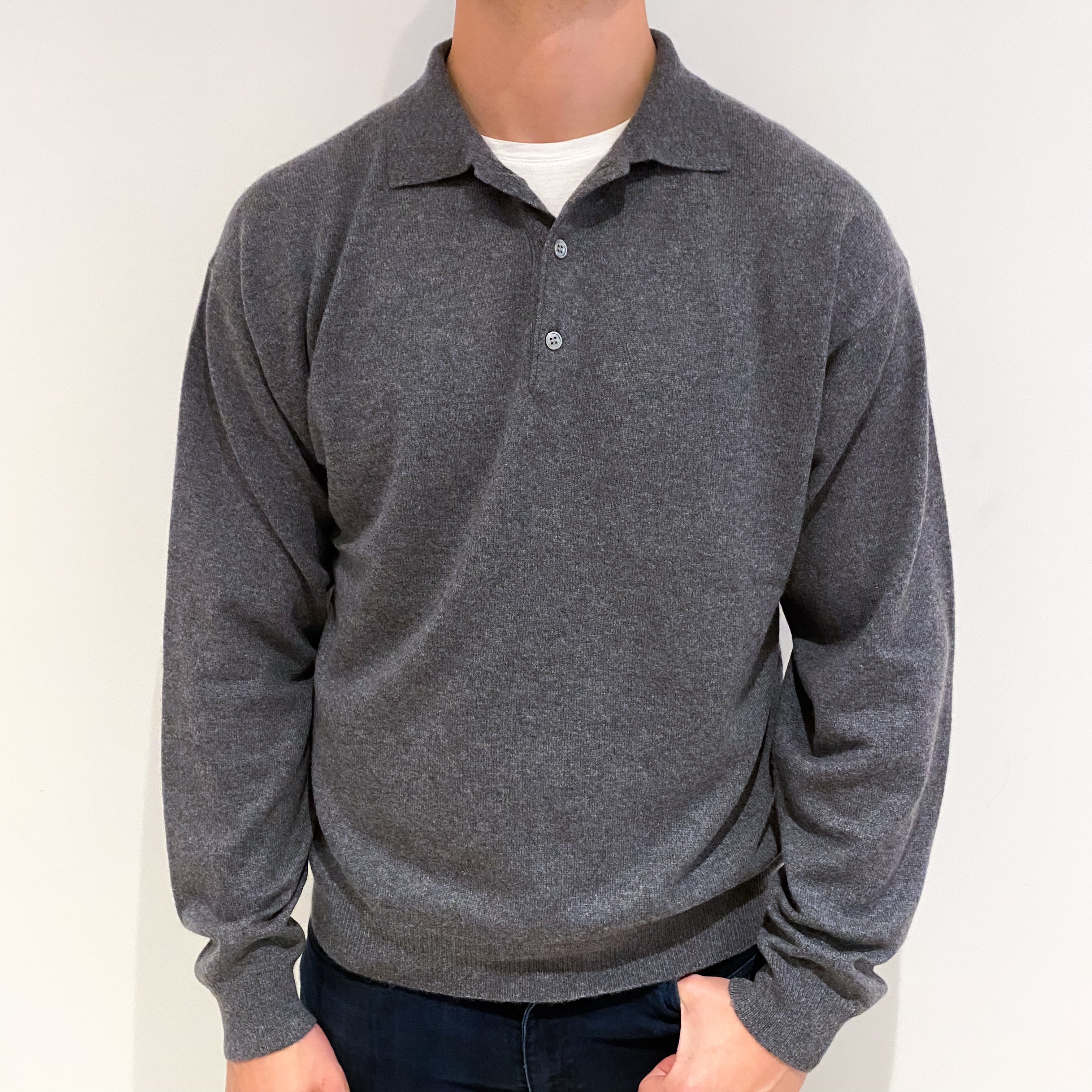 Men's Slate Grey Collared Cashmere 1/4 Button Jumper Extra Large