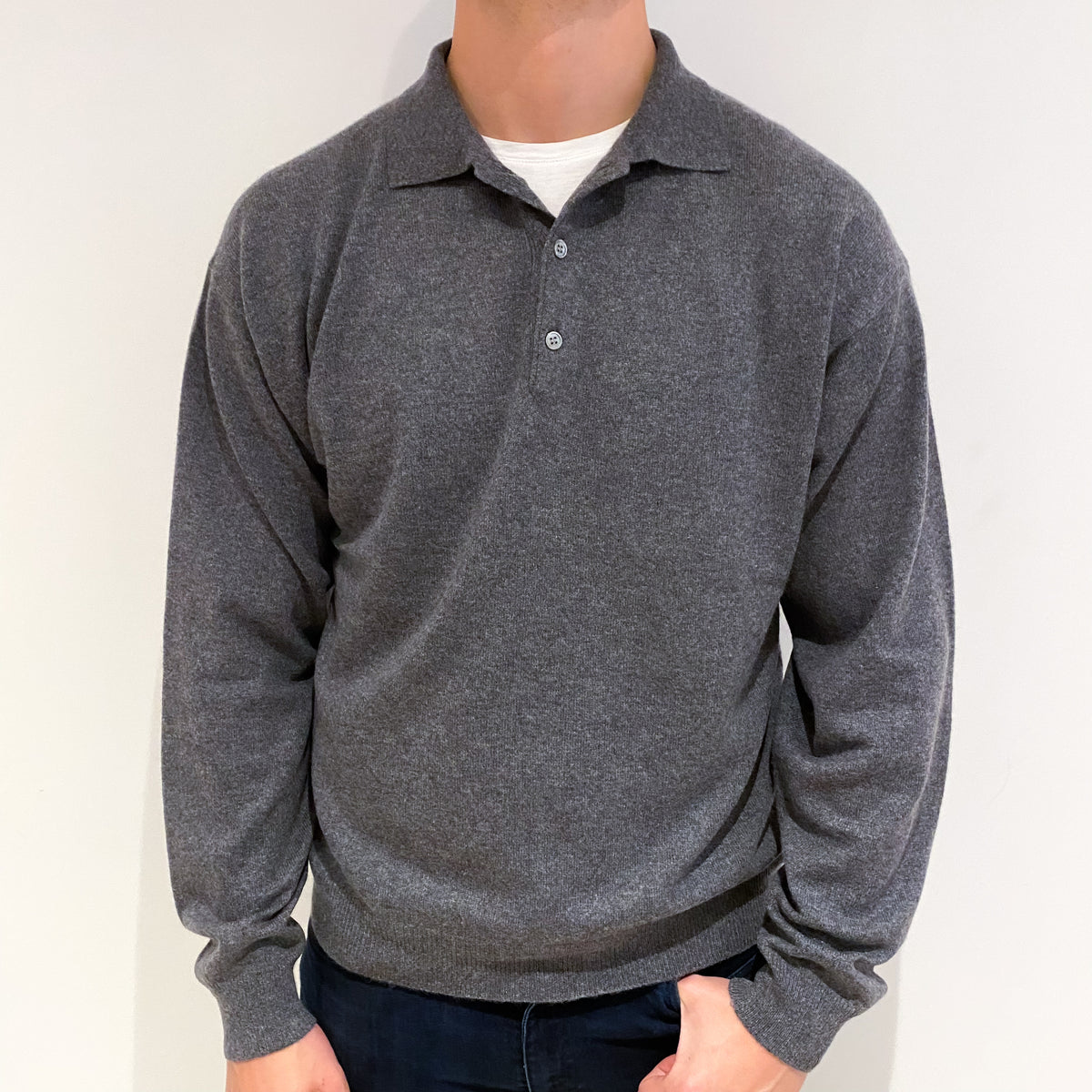 Men's Slate Grey Collared Cashmere 1/4 Button Jumper Extra Large