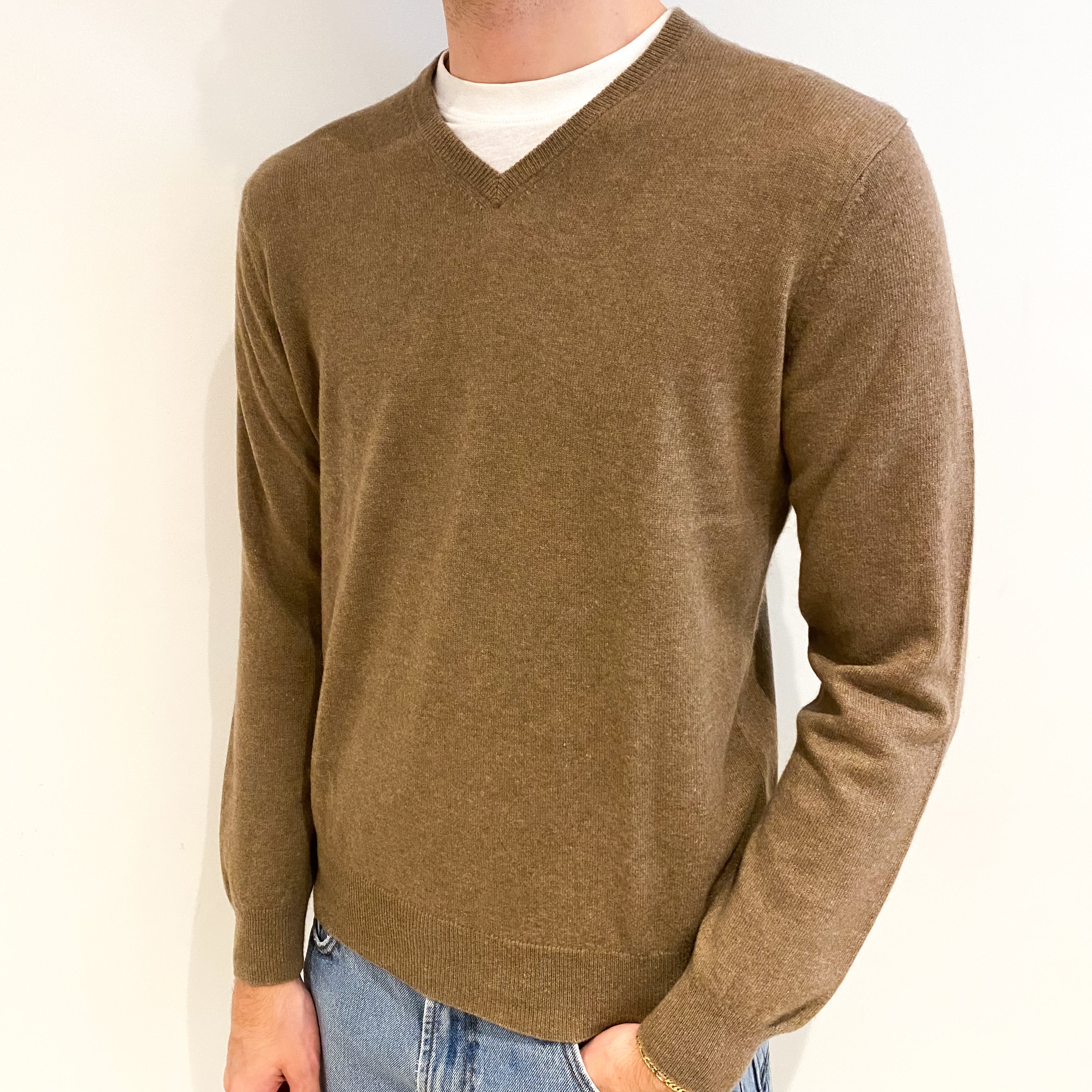 Men's Toffee Brown Cashmere V Neck Jumper Medium