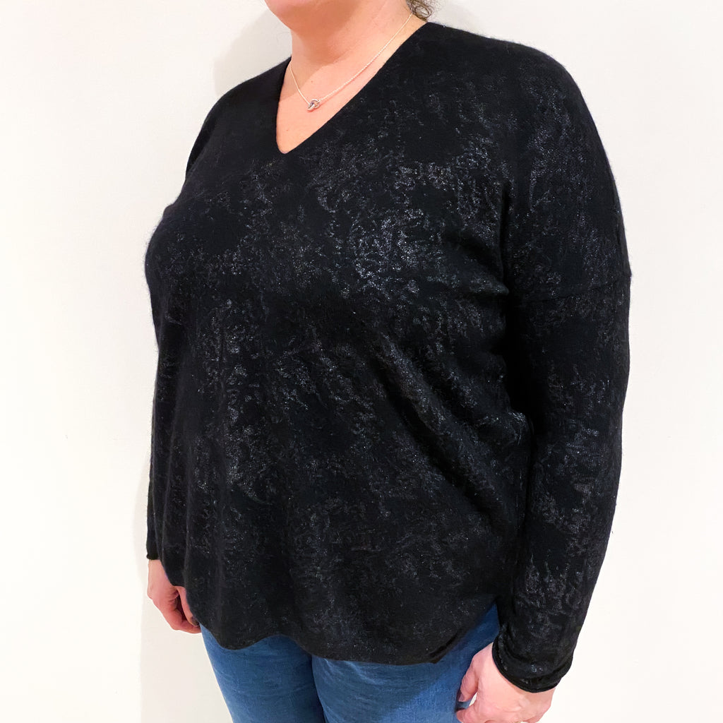 Black Metallic Patterned Cashmere V Neck Jumper Extra Large