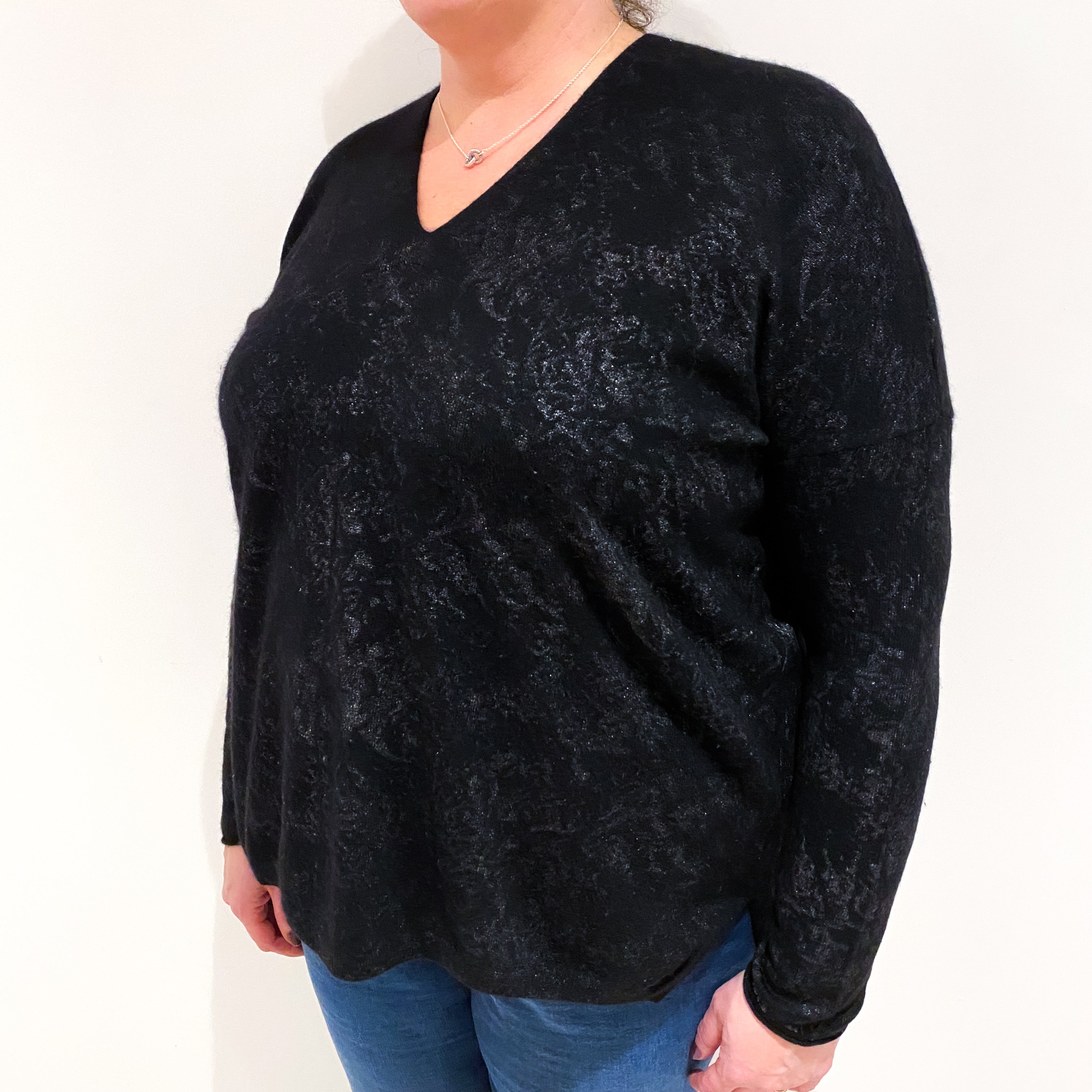 Black Metallic Patterned Cashmere V Neck Jumper Extra Large