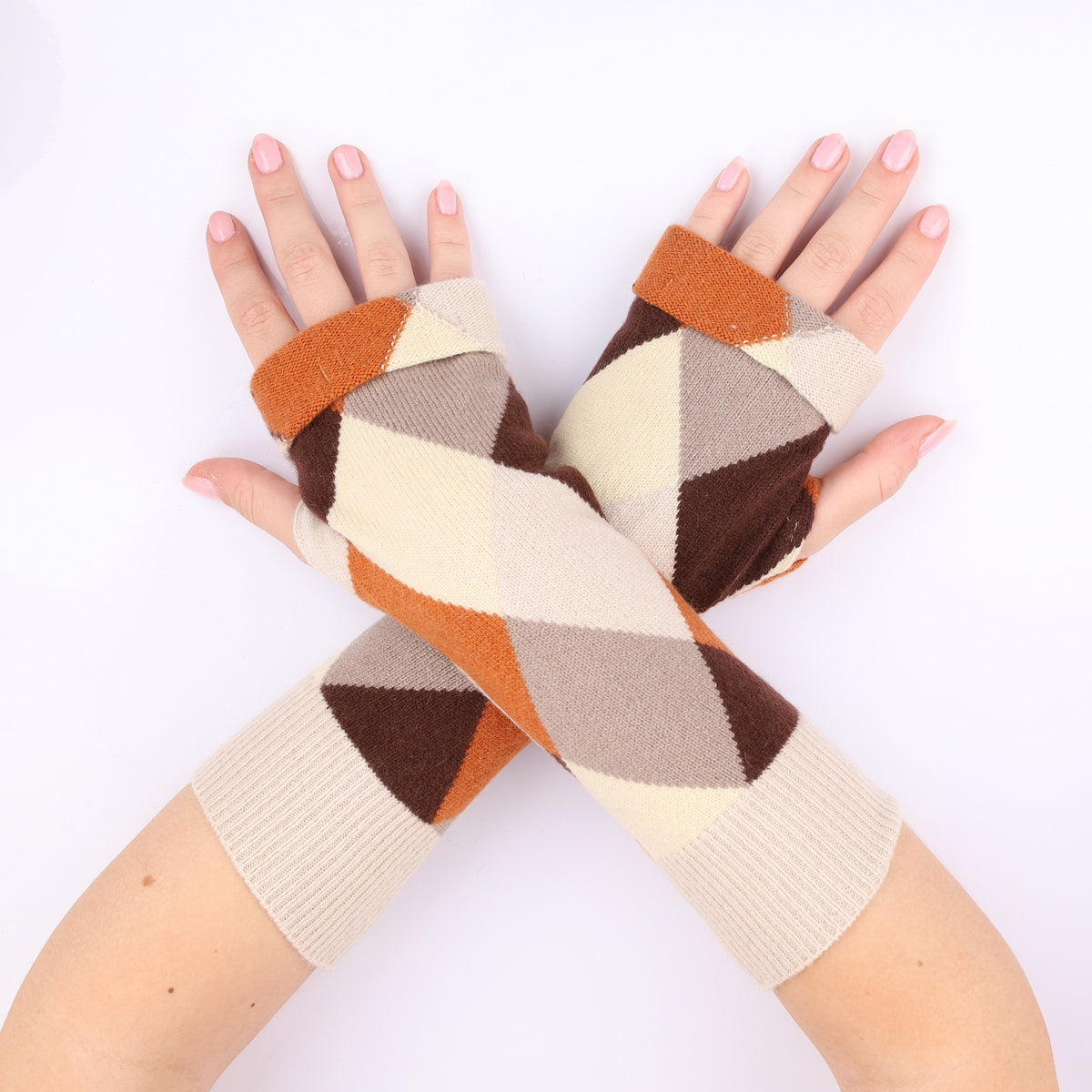 Brown Argyle Fingerless Gloves