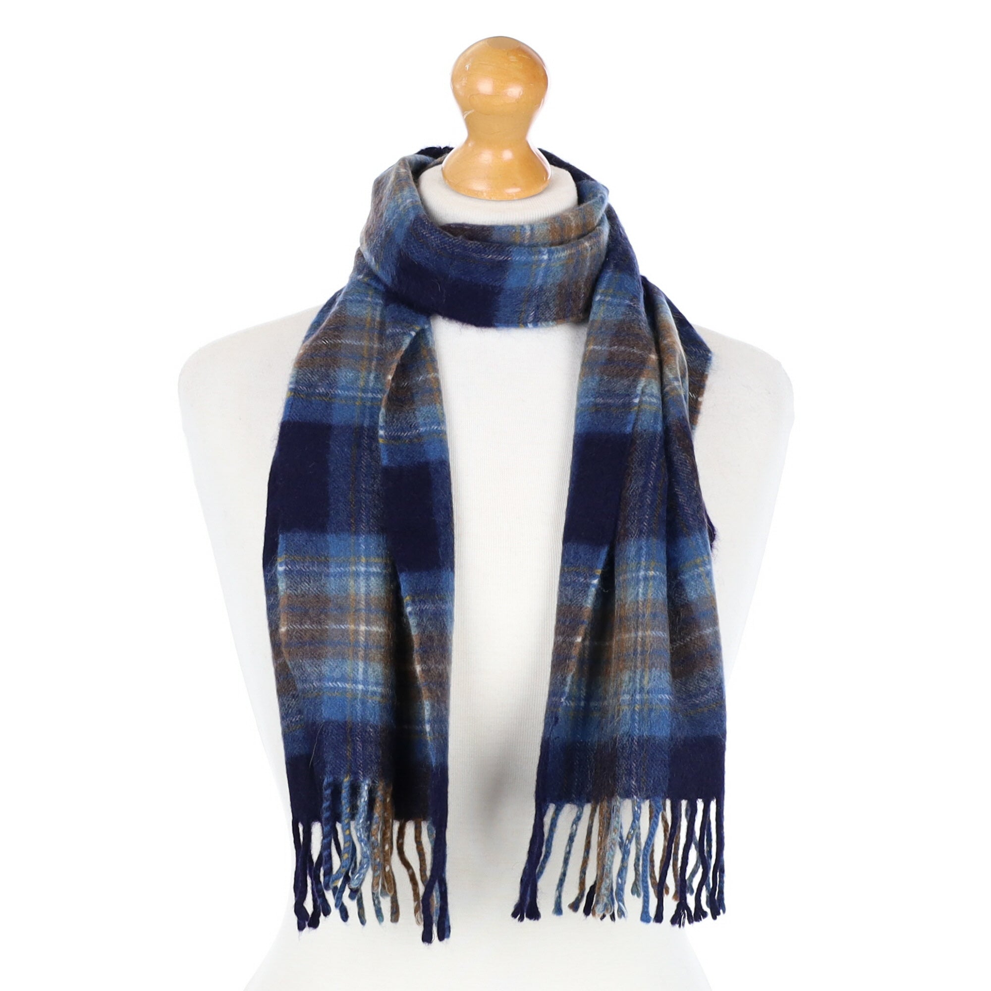 Scottish Tanzanite and Taupe Checked Cashmere Fringed Woven Scarf