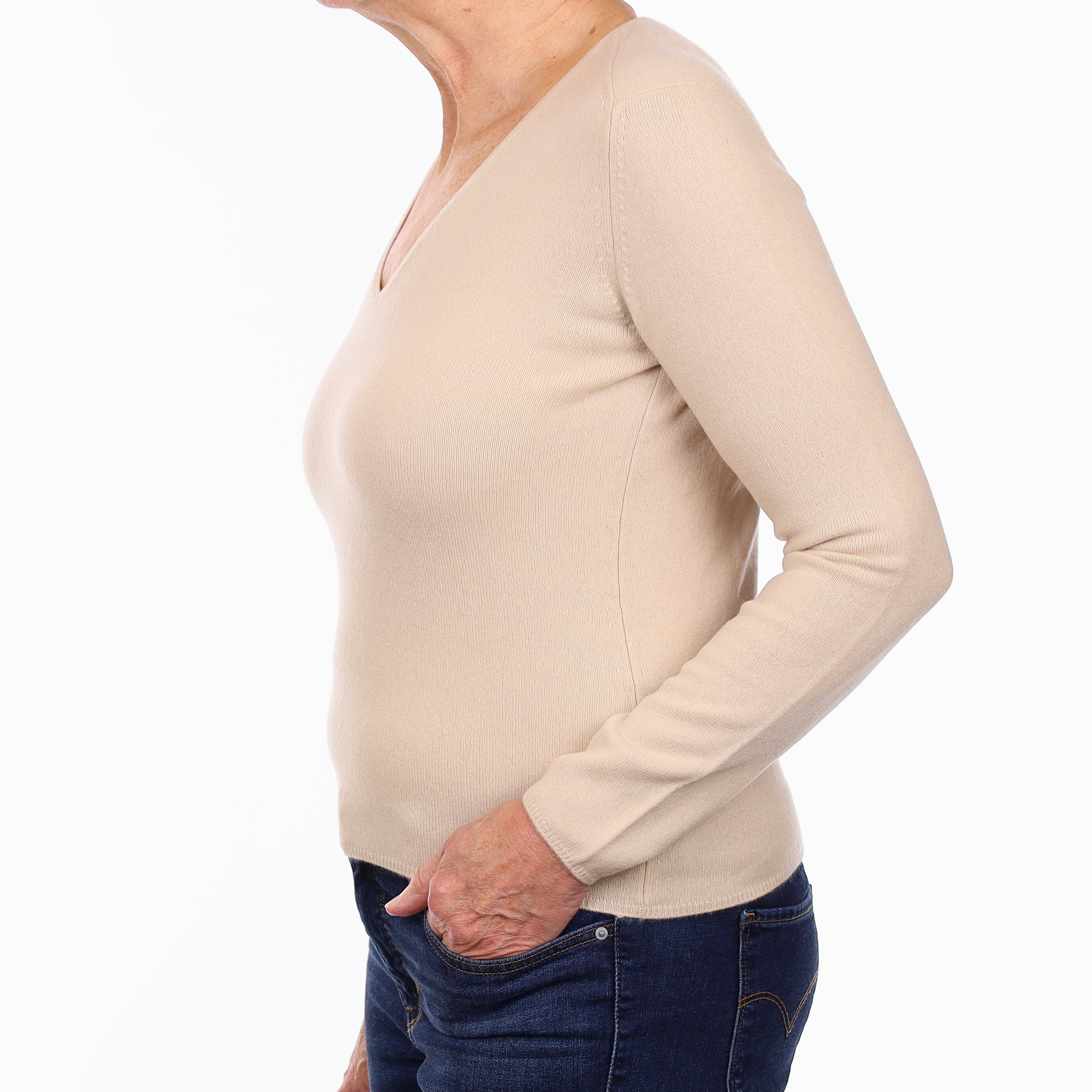 Beige Cashmere V Neck Jumper Medium