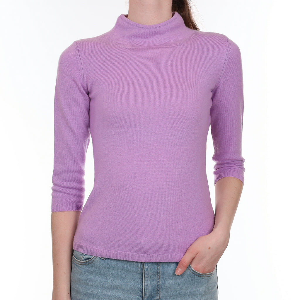 Lilac Purple 3/4 Sleeve Cashmere Funnel Neck Jumper Extra Small