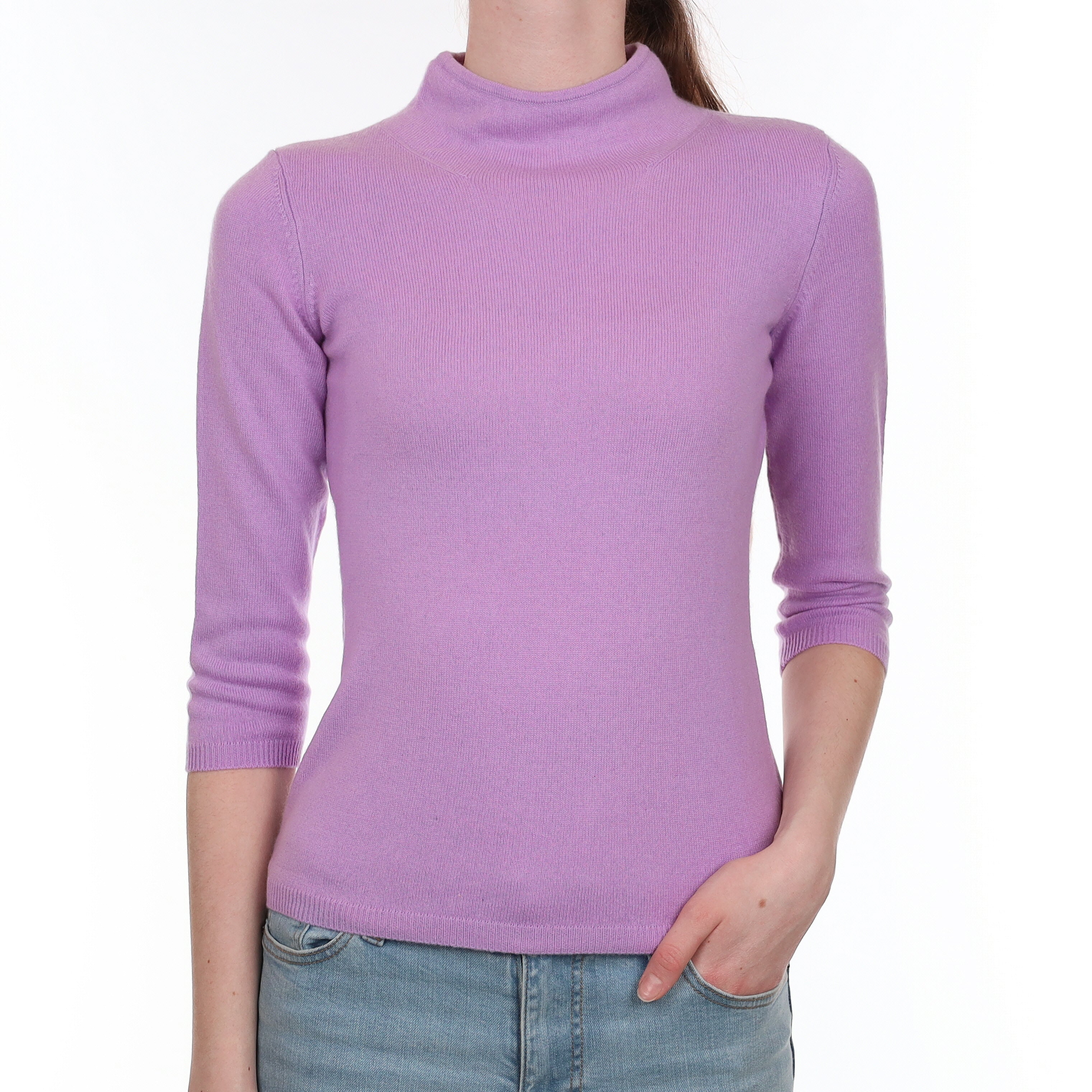 Lilac Purple 3/4 Sleeve Cashmere Funnel Neck Jumper Extra Small