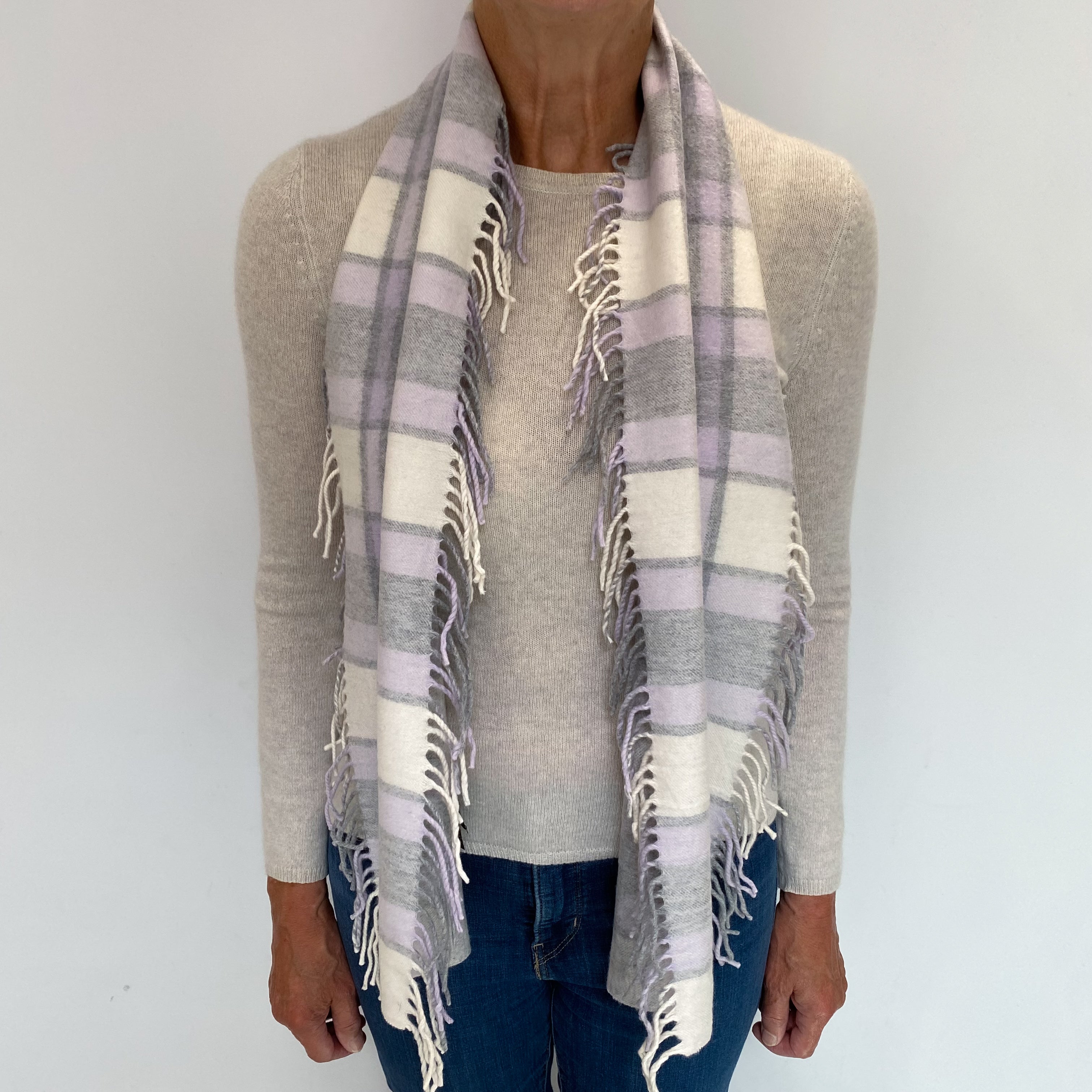 Lavender and Grey Checked Cashmere Woven Tassel Edged Scarf