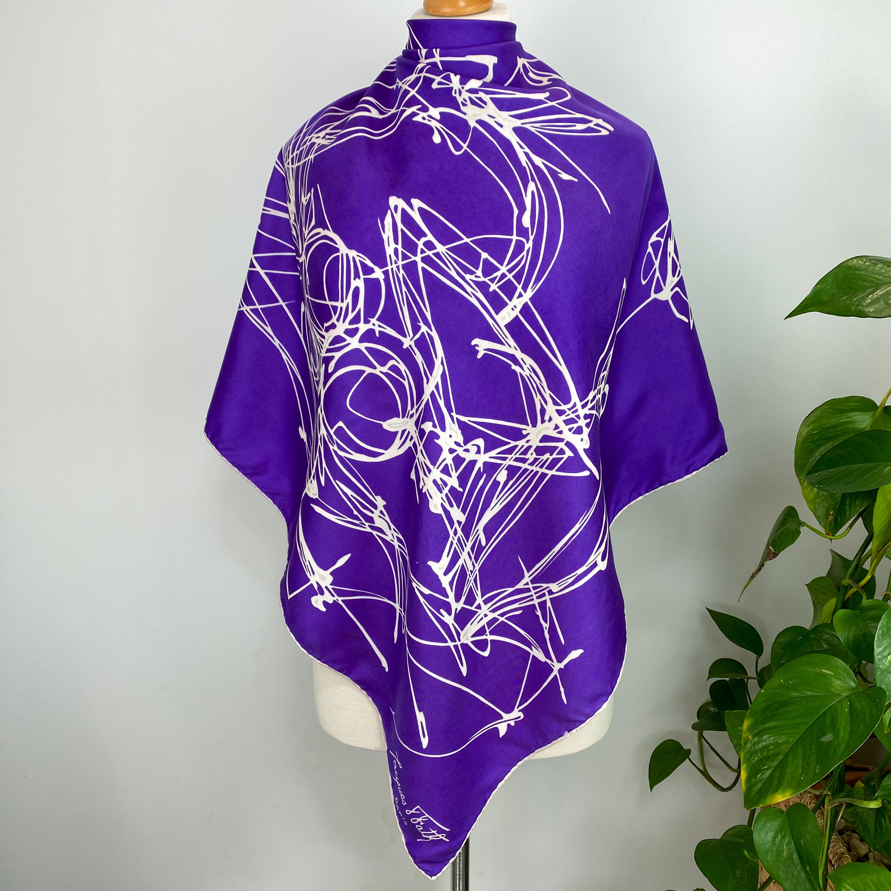 1970s Jacques Fath Purple Abstract Silk Scarf