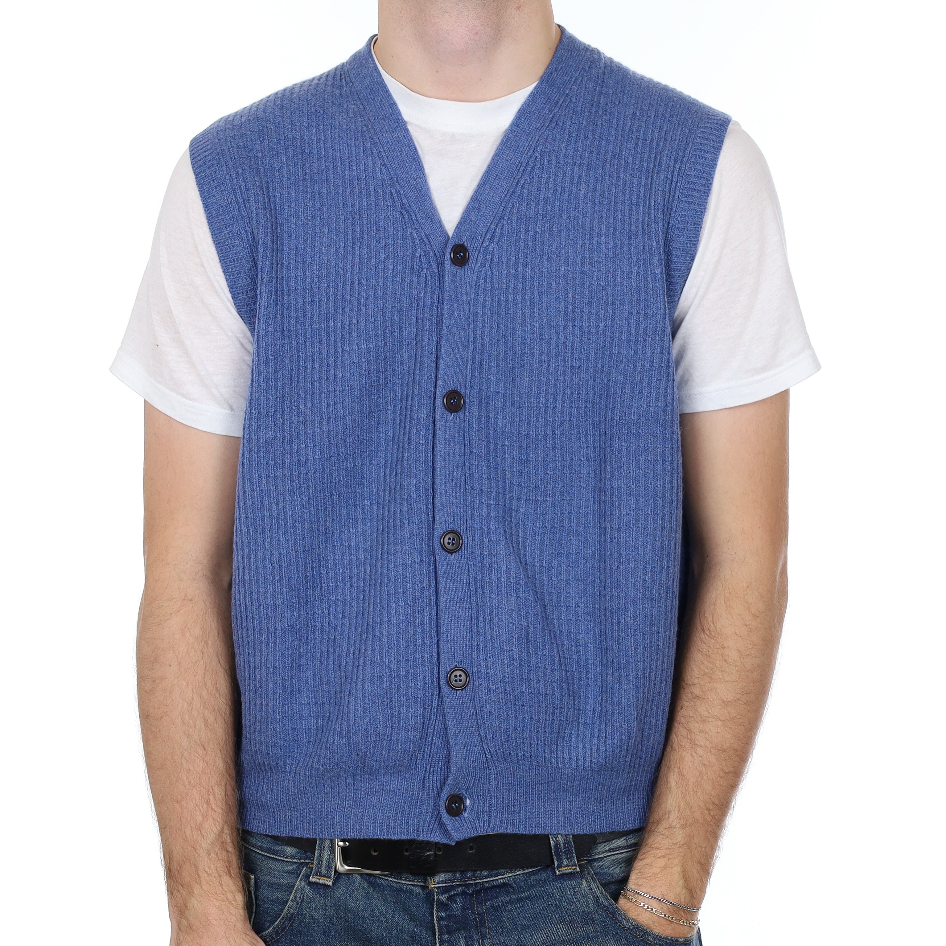 Men’s Italian Denim Blue Rib Cashmere V Neck Waistcoat Large