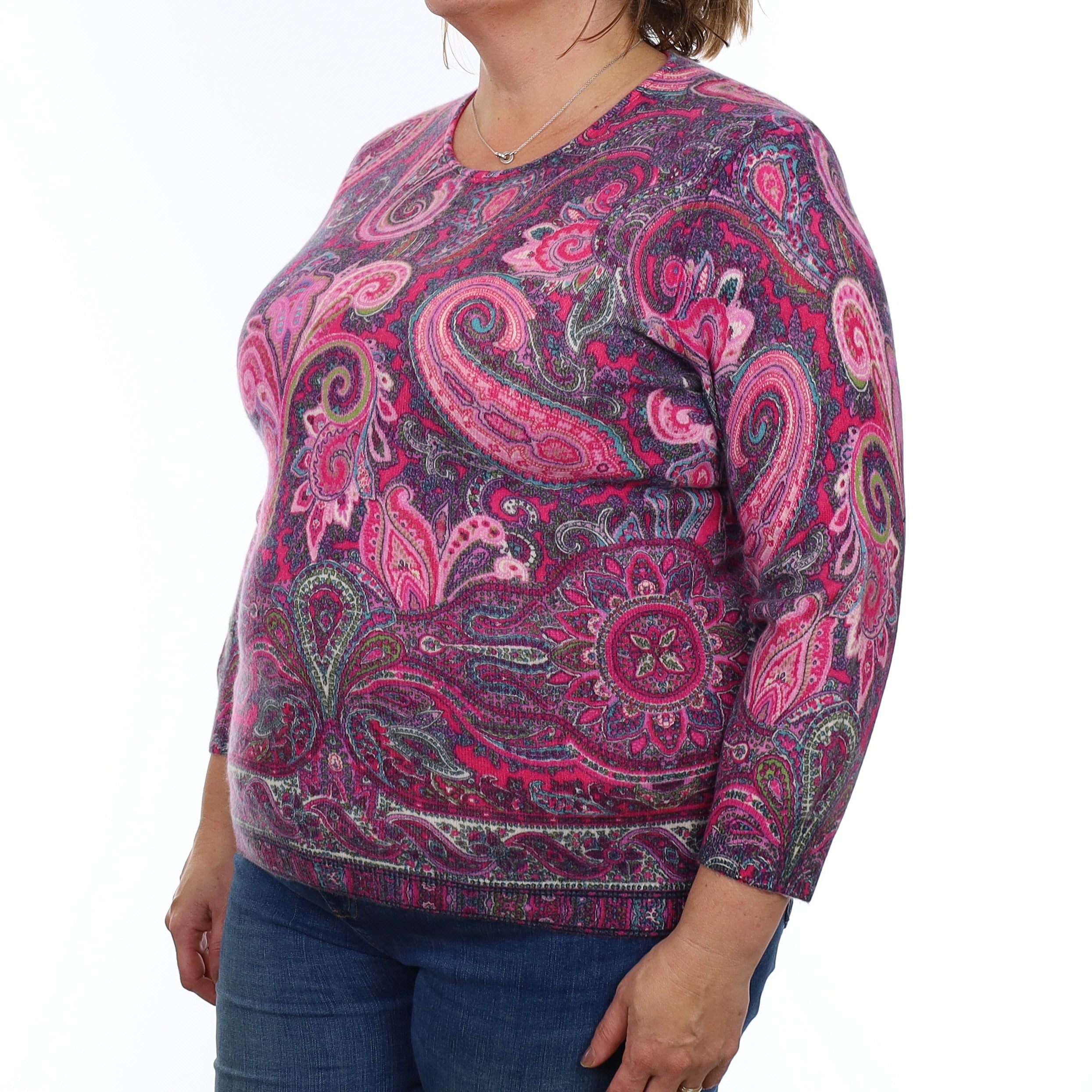 Pink and Purple Paisley Cashmere Crew Neck Jumper Extra Large