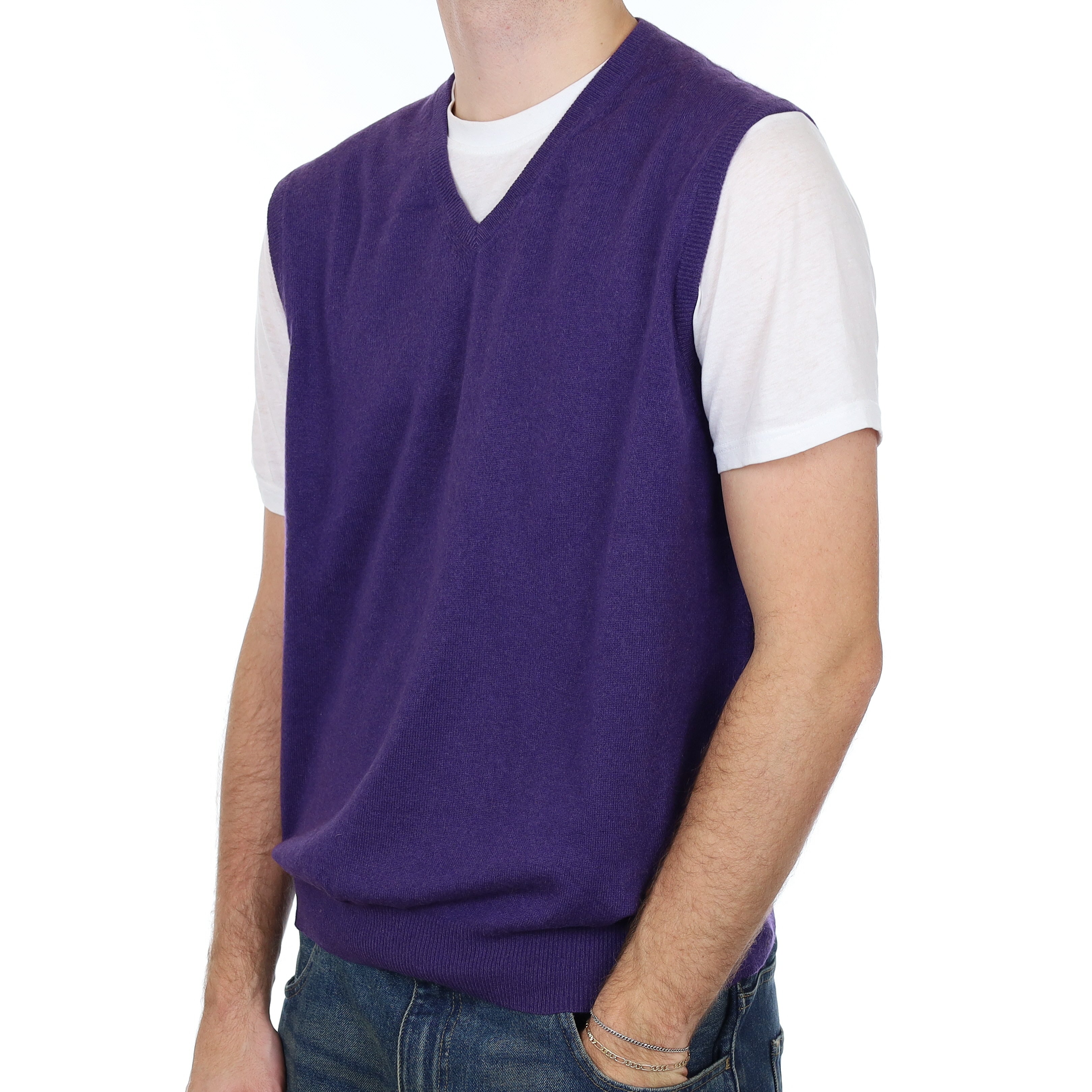 Men’s Deep Purple Cashmere V Neck Tank Top Large