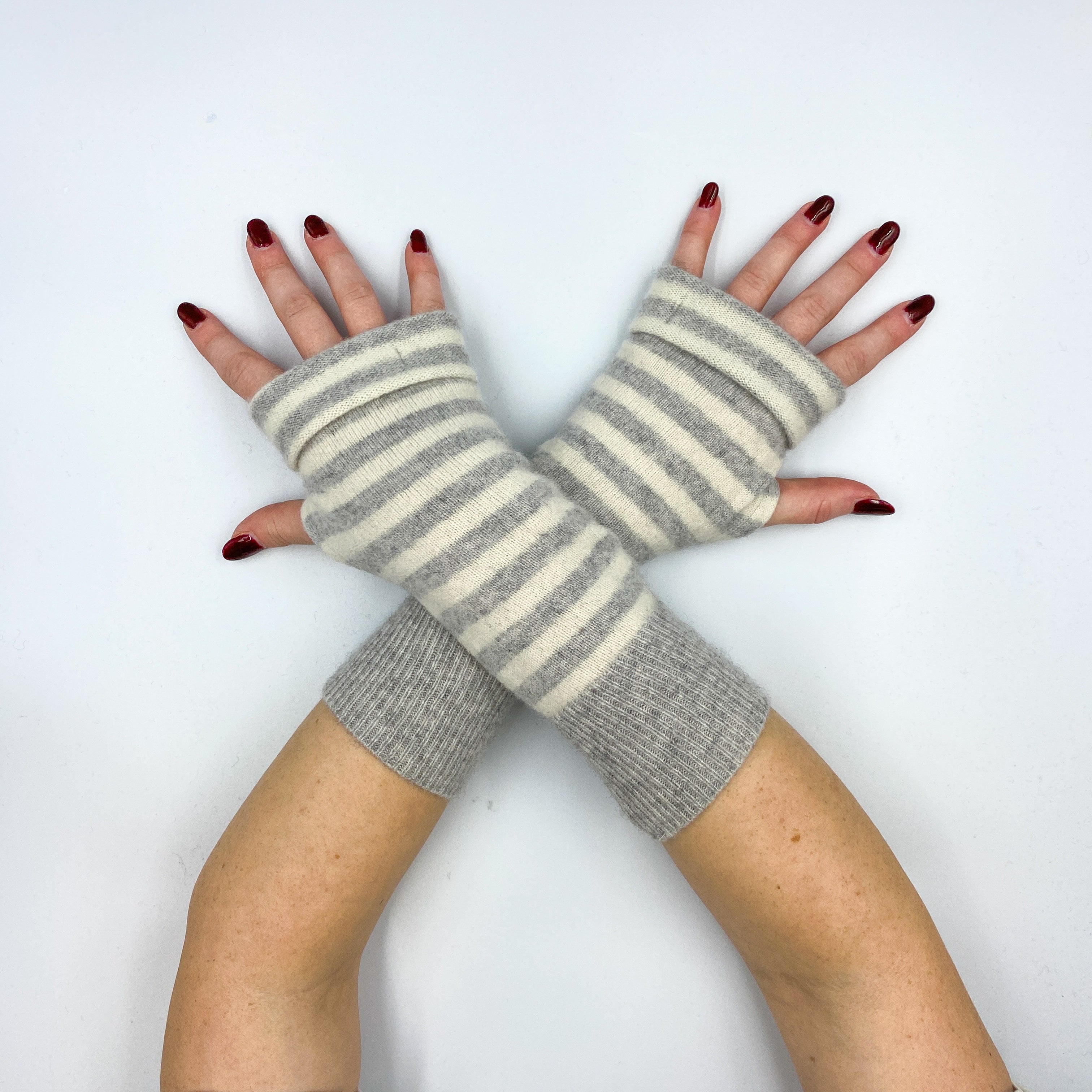 Grey and Cream Striped Fingerless Gloves