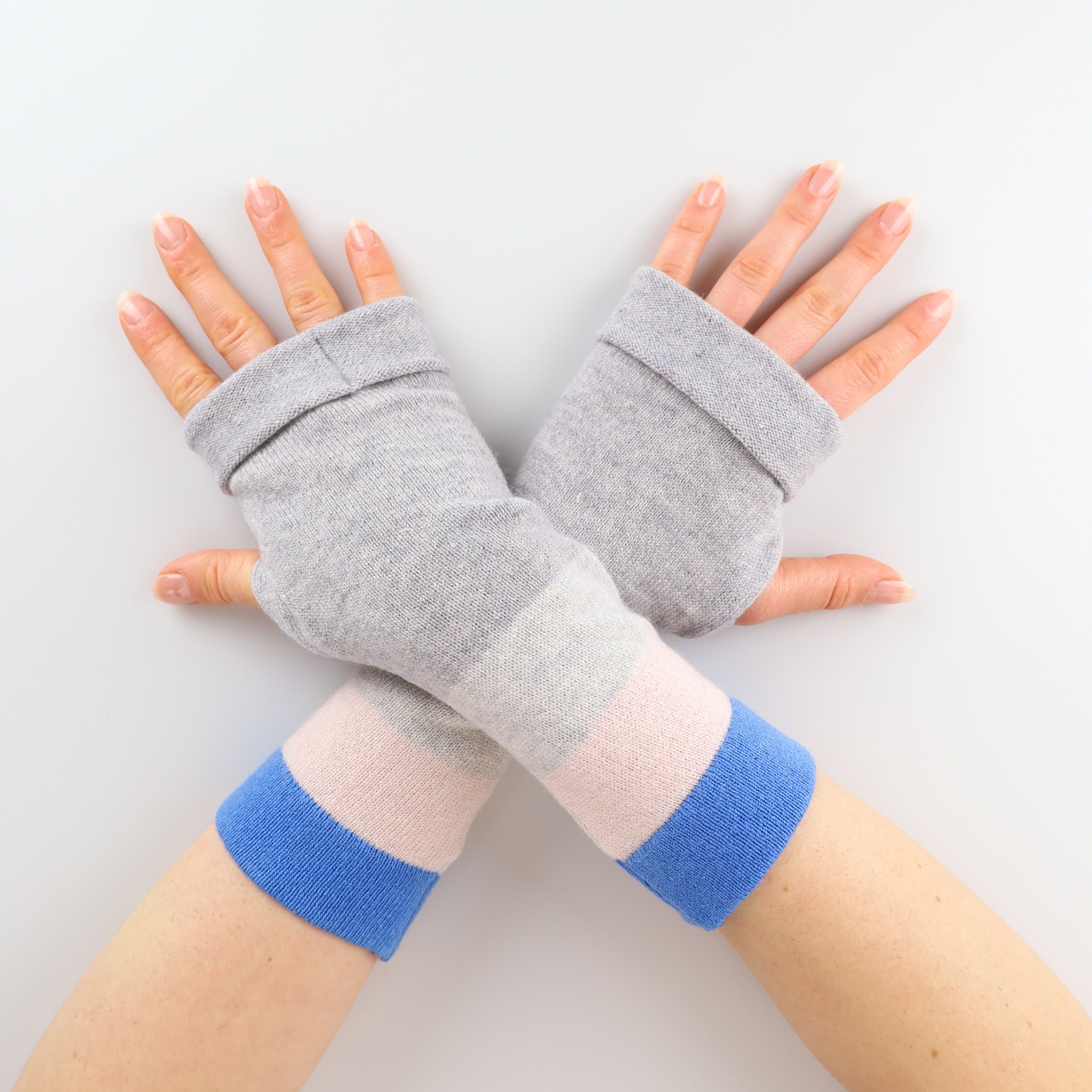 Grey Pink and Blue Striped Fingerless Gloves