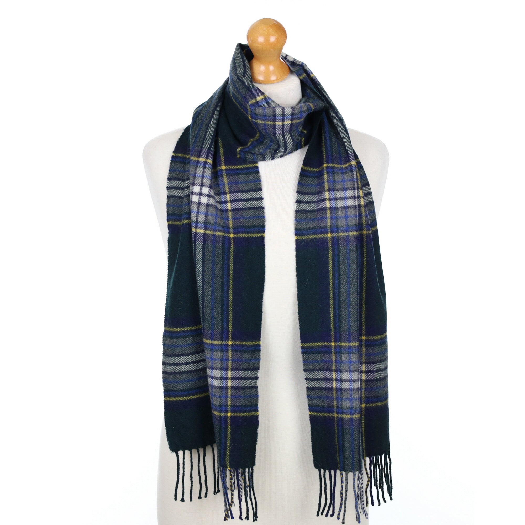 Bottle Green and Navy Checked Fringed Cashmere Woven Scarf