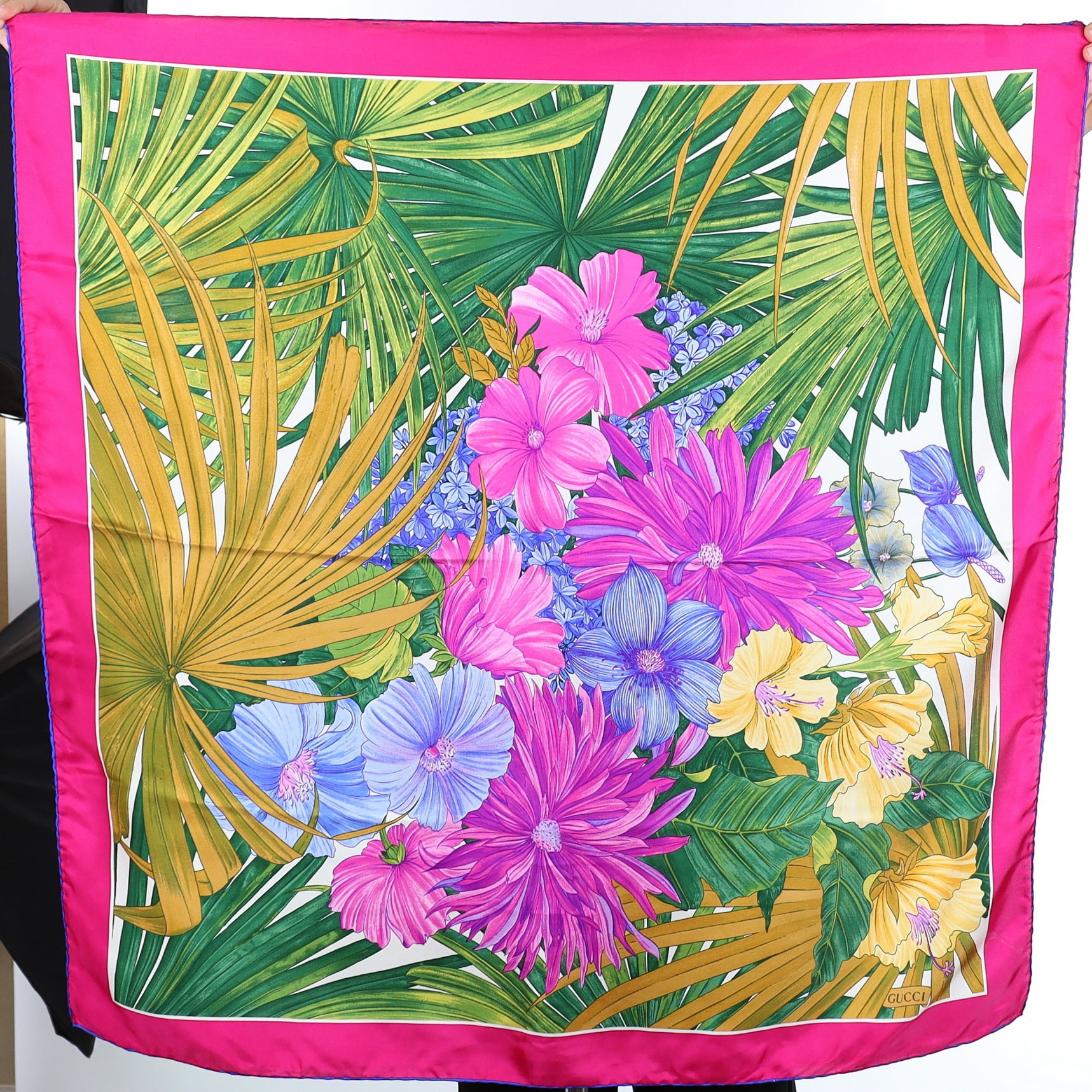 Gucci Pink and Green Flower Vintage Silk Scarf