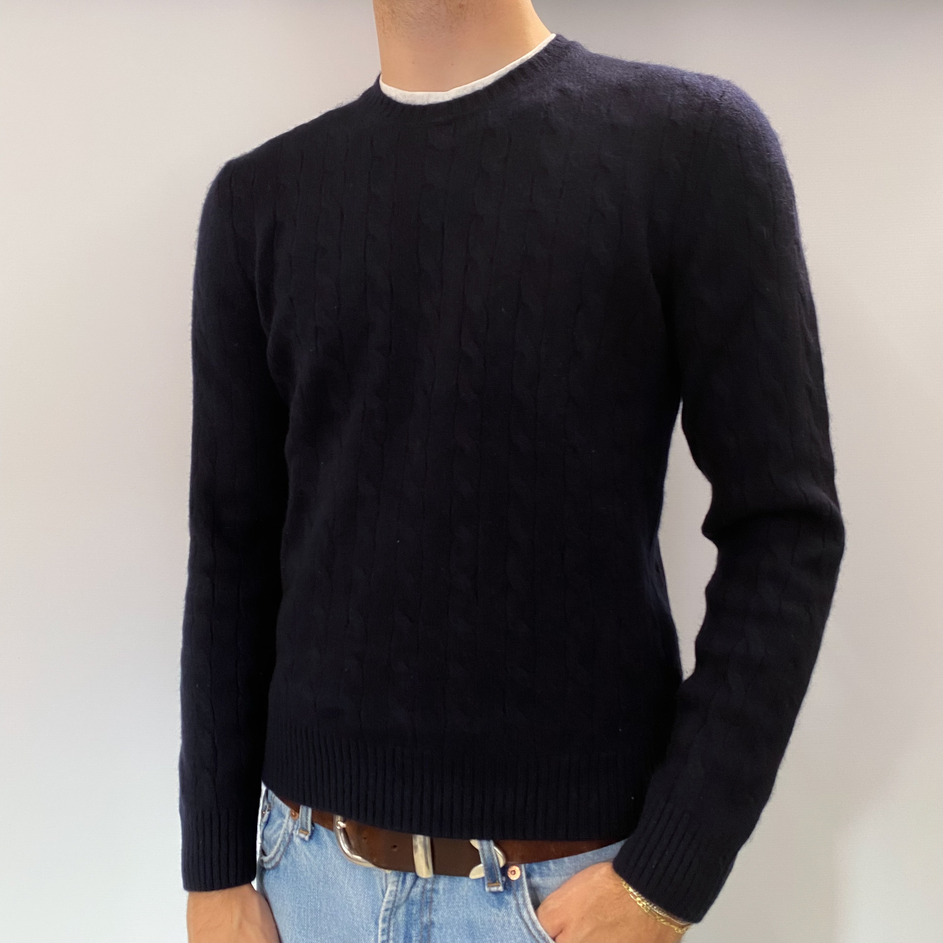 Men's Scottish Dark Navy Blue Cashmere Crew Neck Jumper Medium