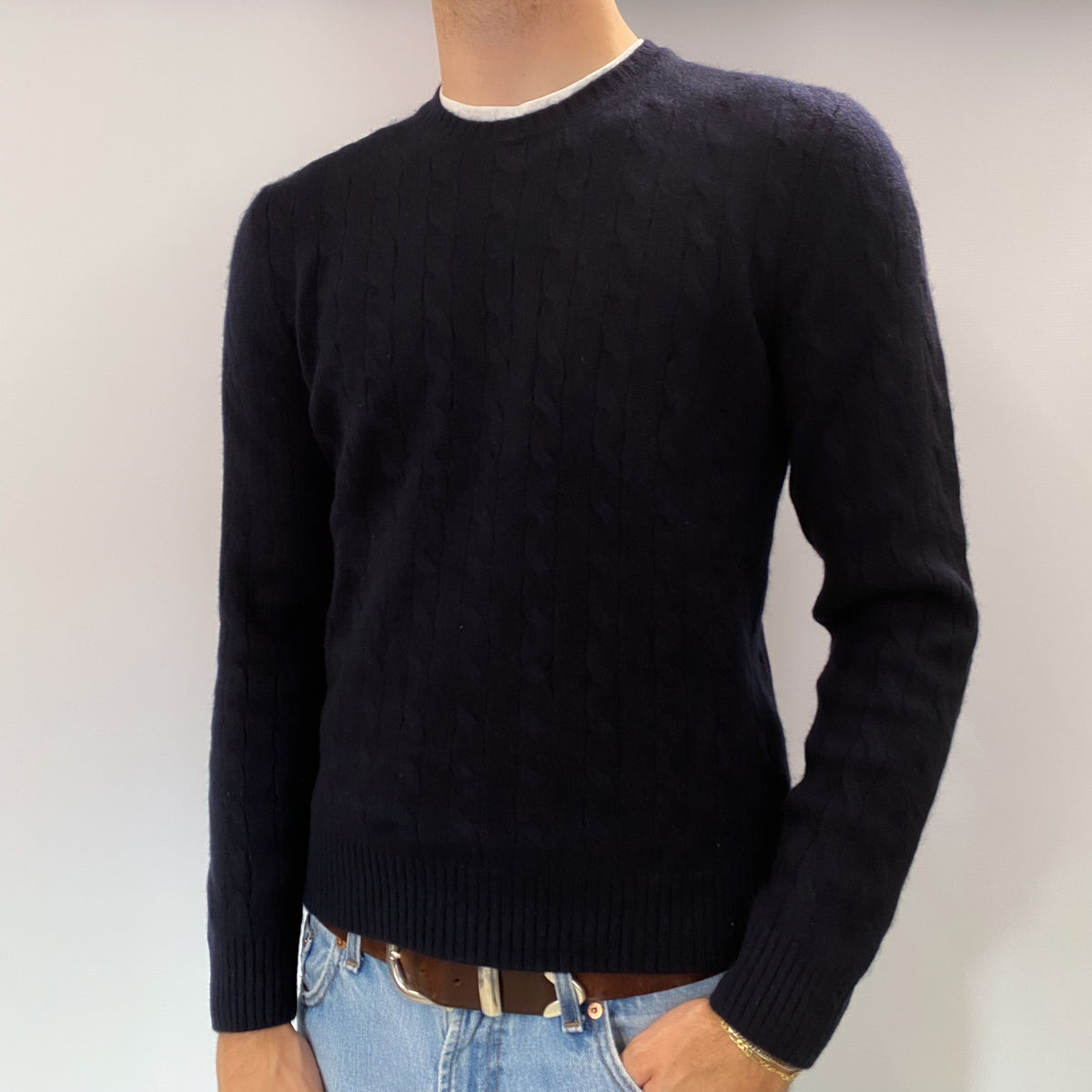 Men's Scottish Dark Navy Blue Cashmere Crew Neck Jumper Medium
