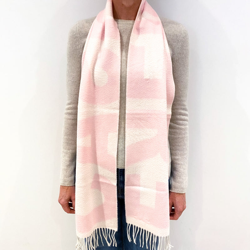 Pale Pink Cashmere Fringed Woven Scarf with Cream ‘Cashmere’ Wording
