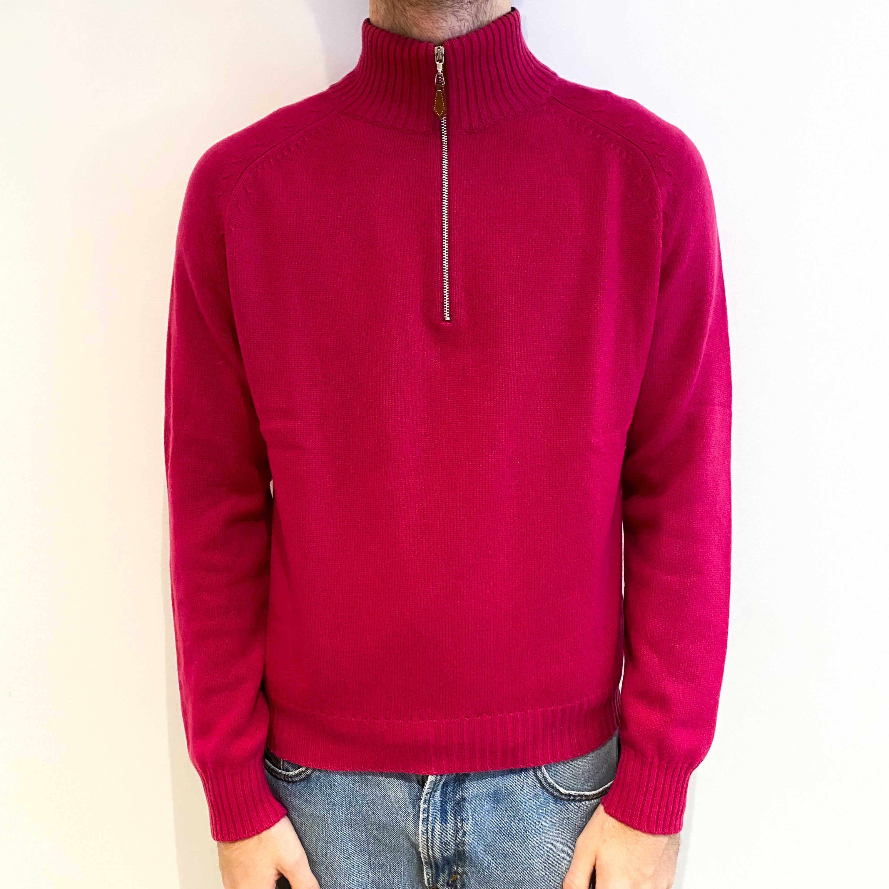 Men's Italian Eredi Pisano Neon Pink Cashmere 3/4 Zip V Neck Jumper Large