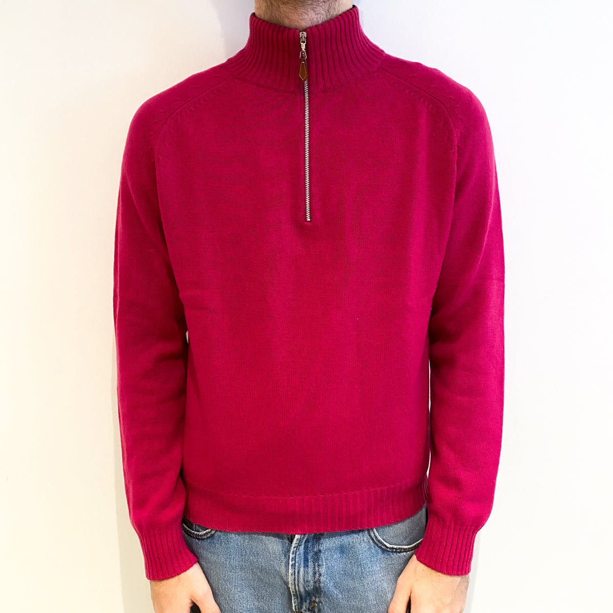 Men's Italian Eredi Pisano Neon Pink Cashmere 3/4 Zip V Neck Jumper Large