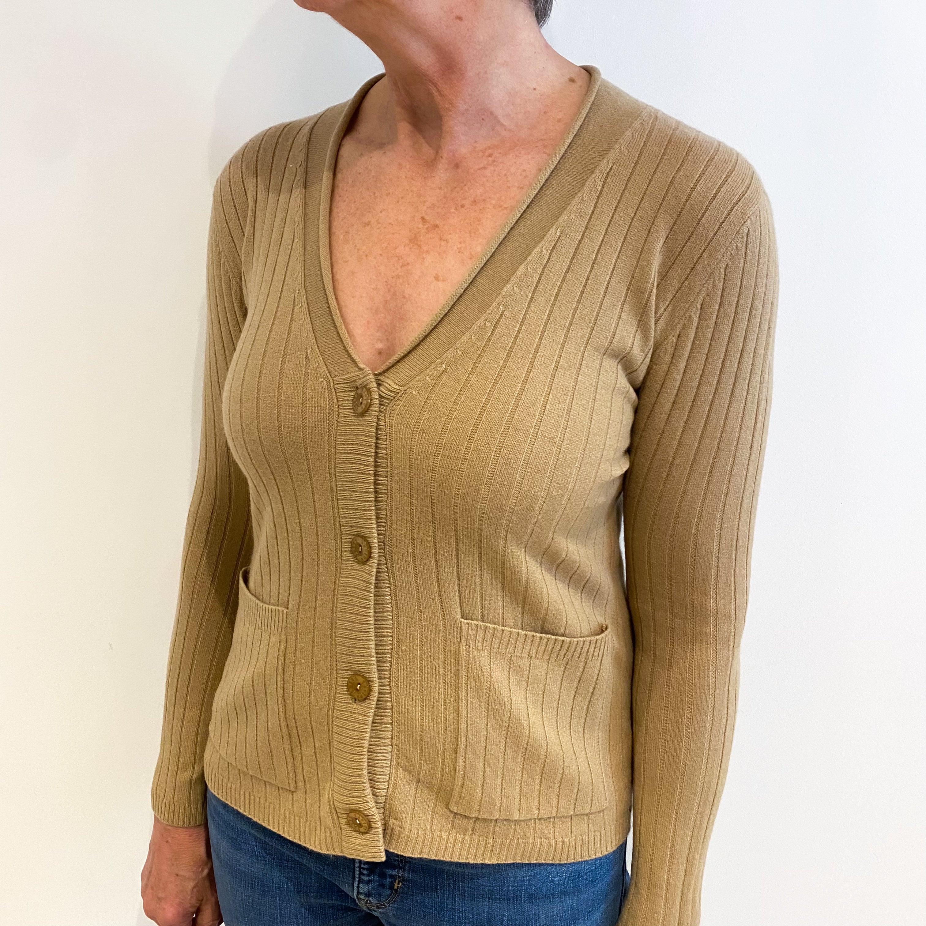 Camel Brown Cashmere V Neck Ribbed Cardigan With Pockets Medium