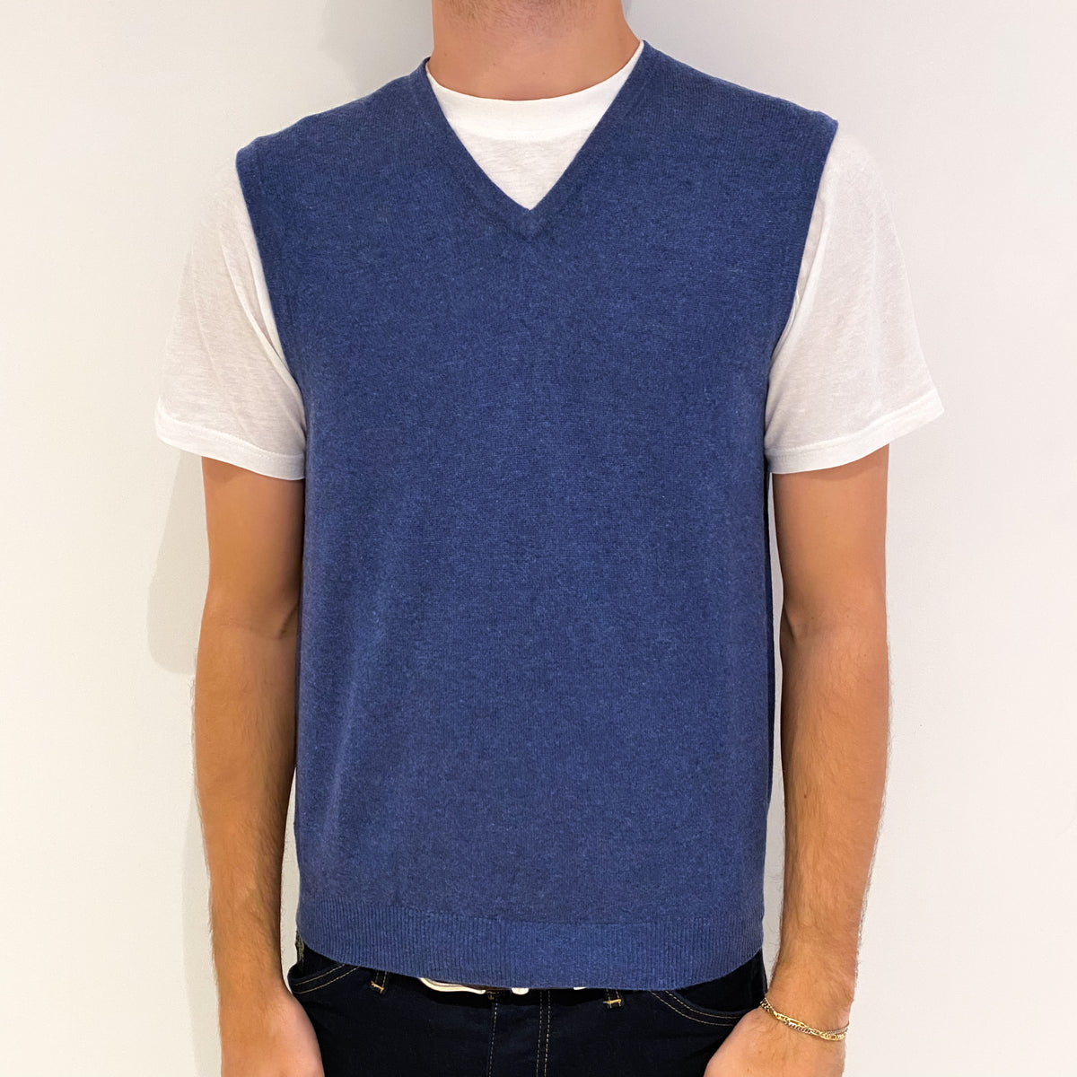 Men's Denim Blue Cashmere V-Neck Tank Top Medium