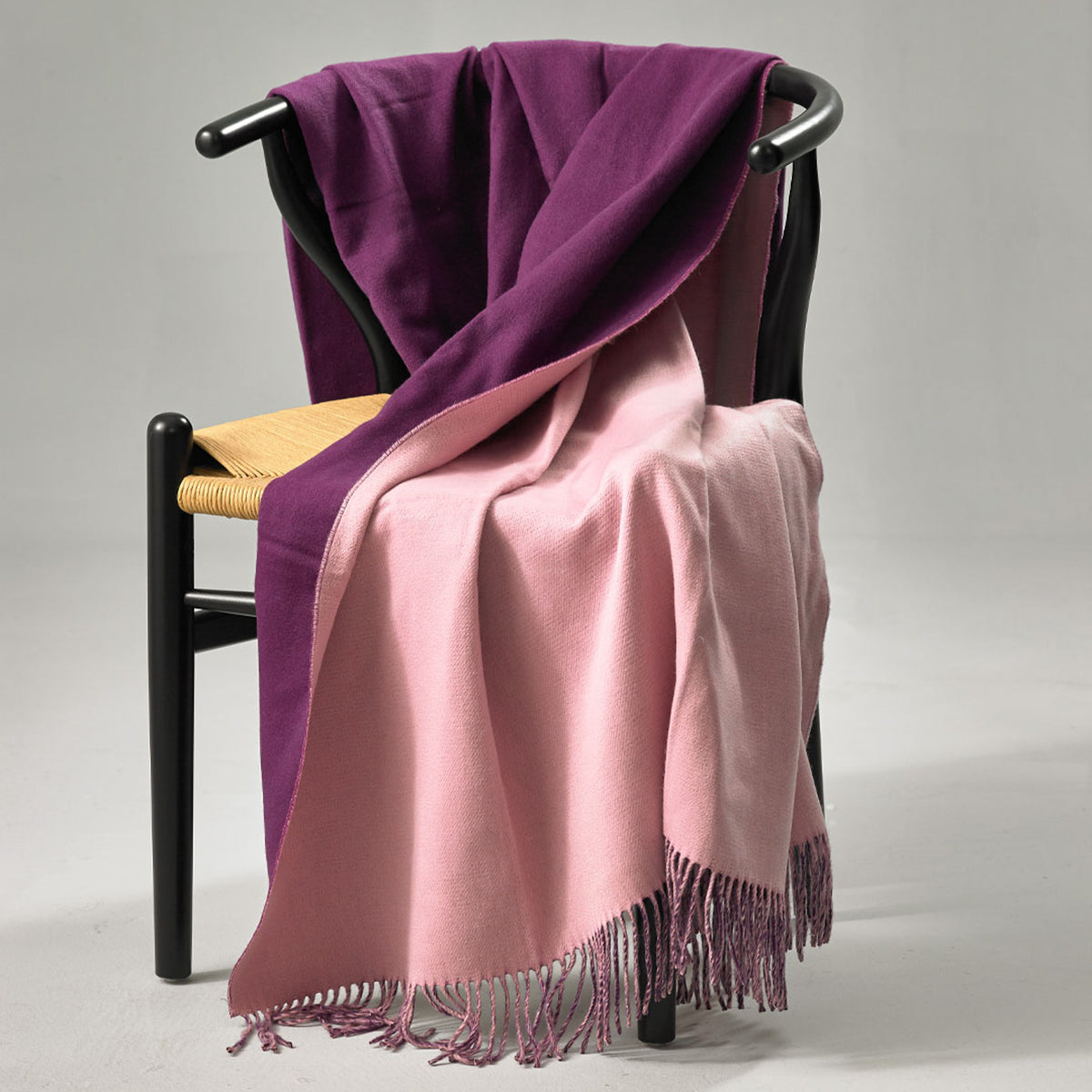 Brand New English Candy Pink and Damson Designer Woven Cashmere Blanket